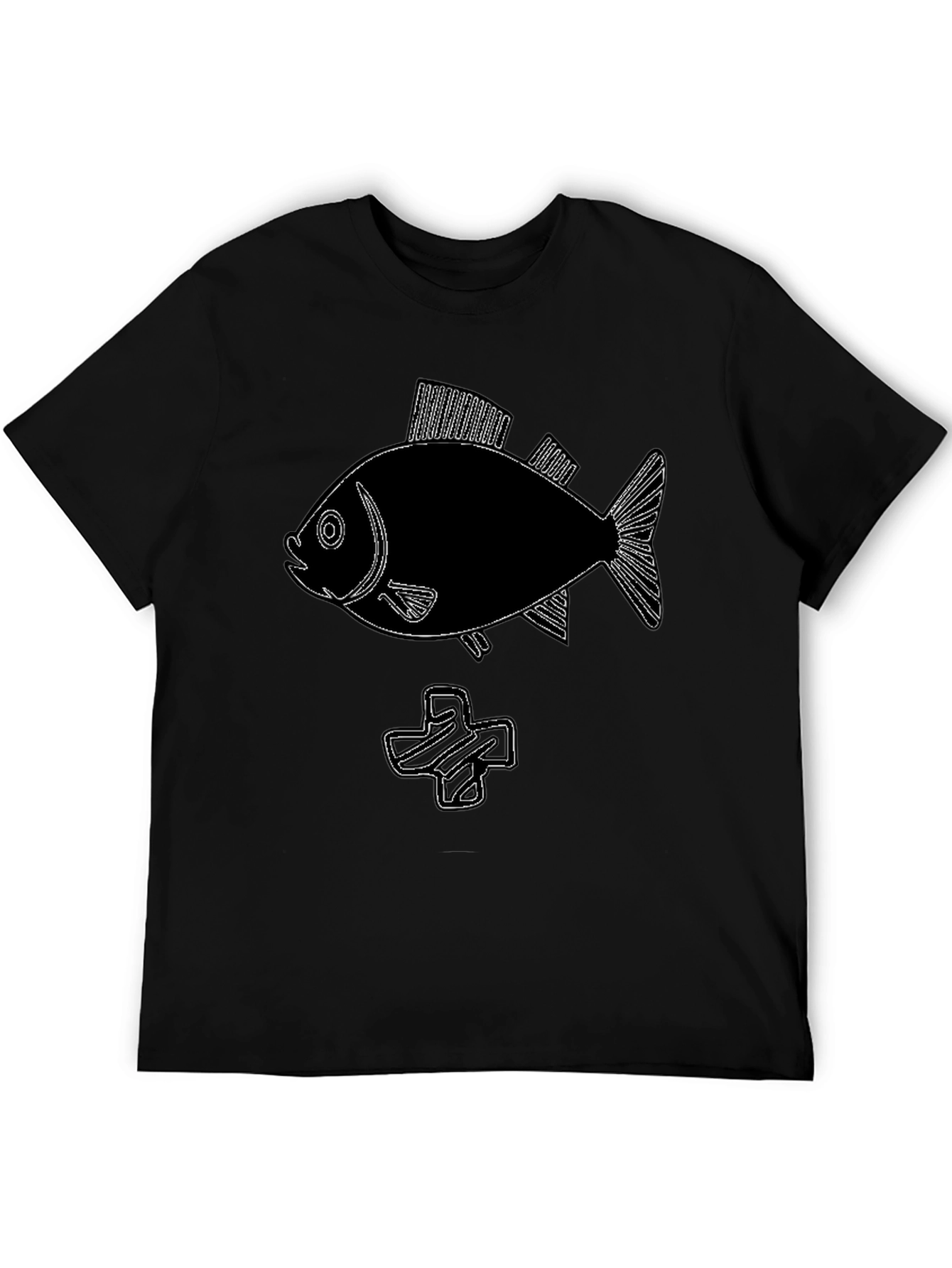Black Tee with Fish & Plus Sign Graphic