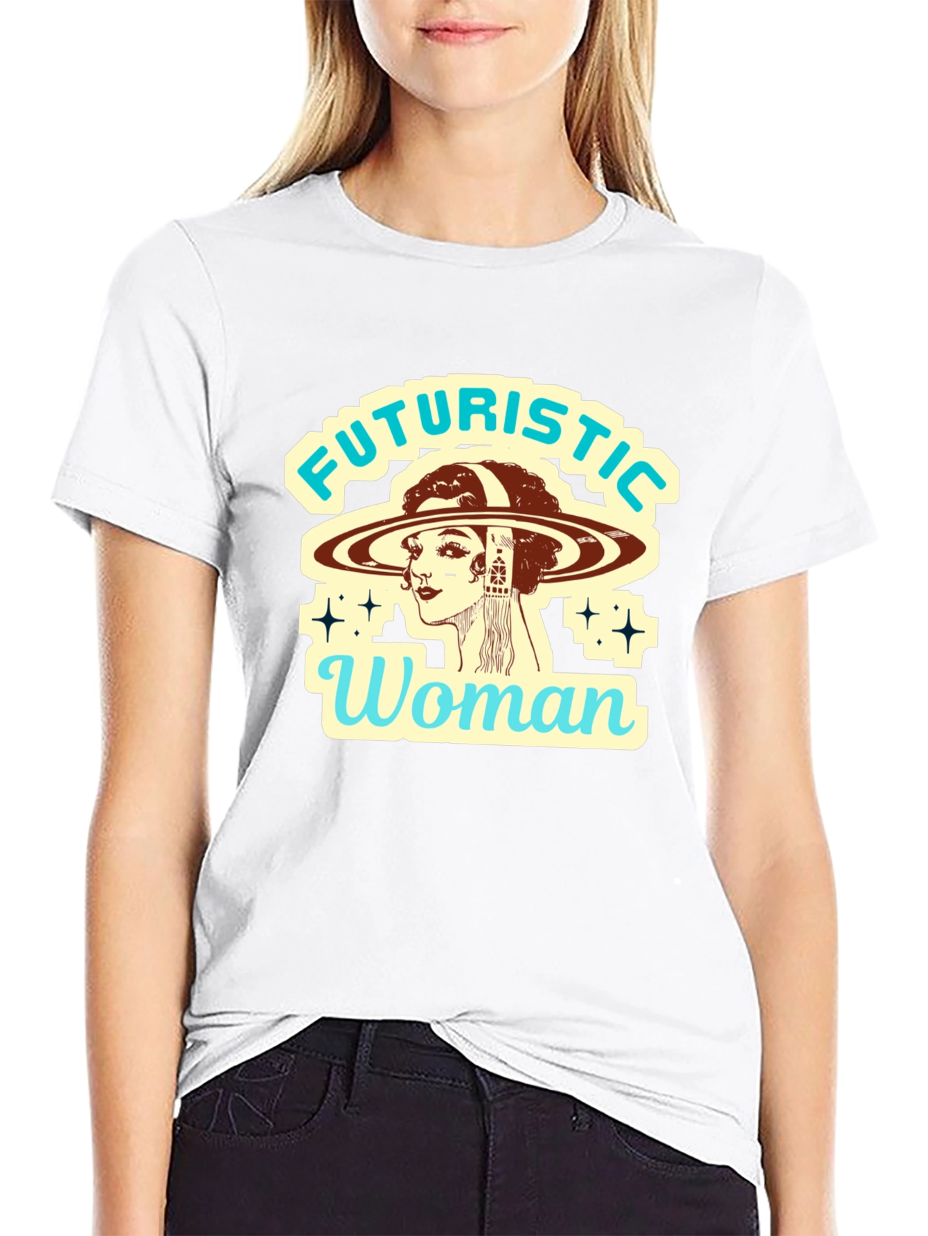 Futuristic Woman Graphic Tee - Retro Sci-Fi Style