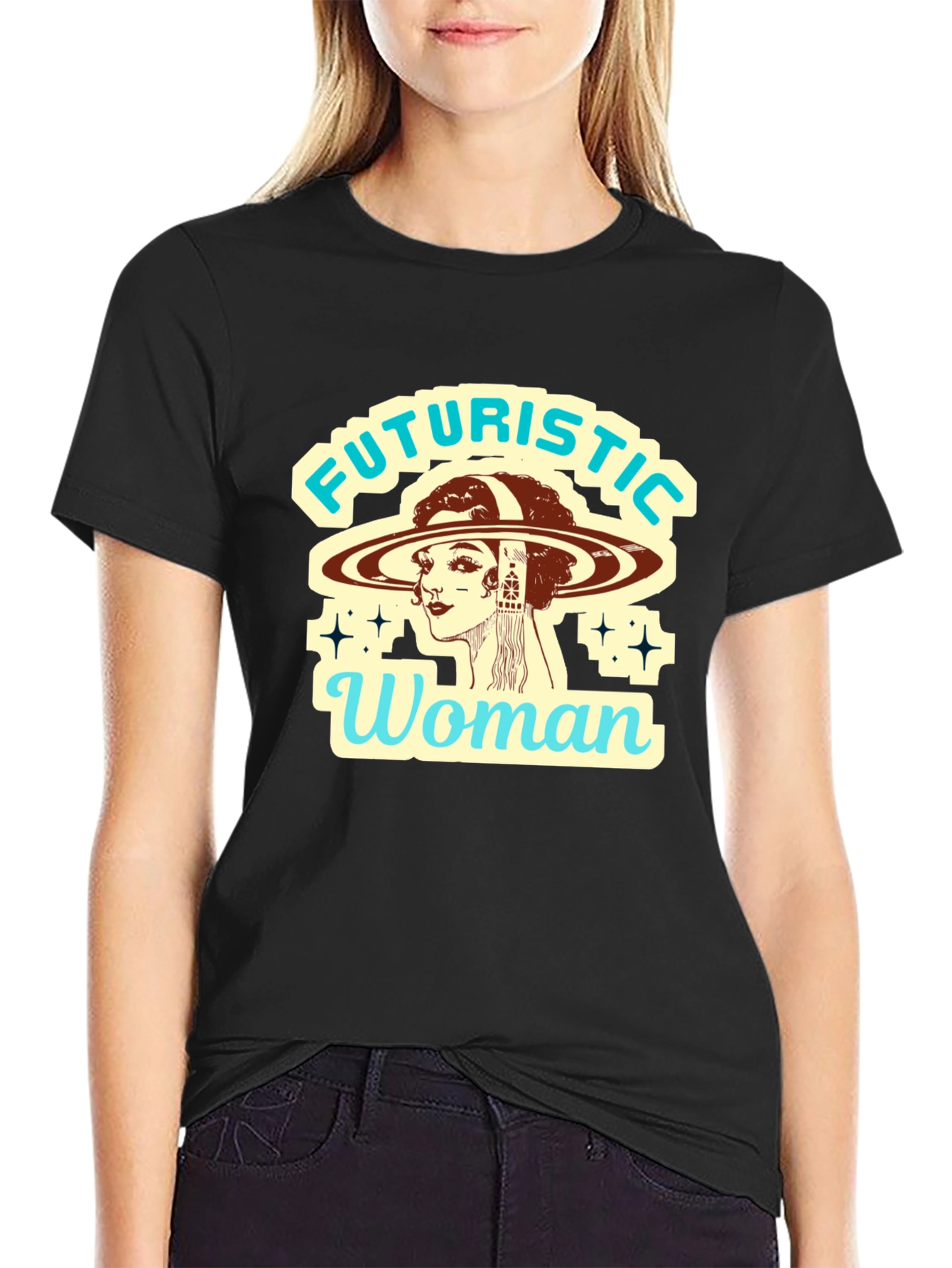 Futuristic Woman Graphic Tee - Retro Sci-Fi Style