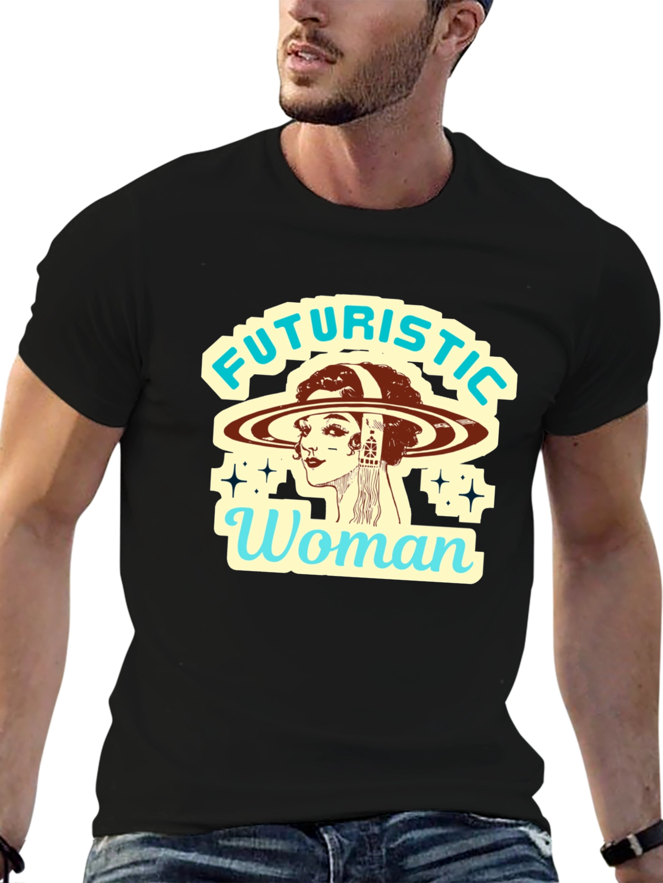 Futuristic Woman Graphic Tee - Retro Sci-Fi Style