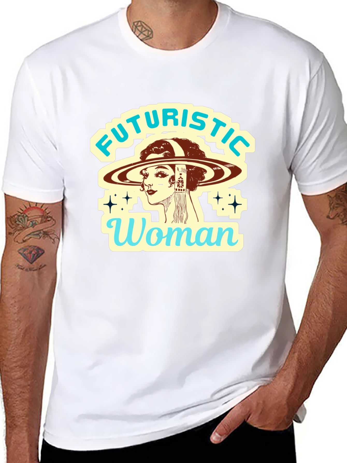 Futuristic Woman Graphic Tee - Retro Sci-Fi Style
