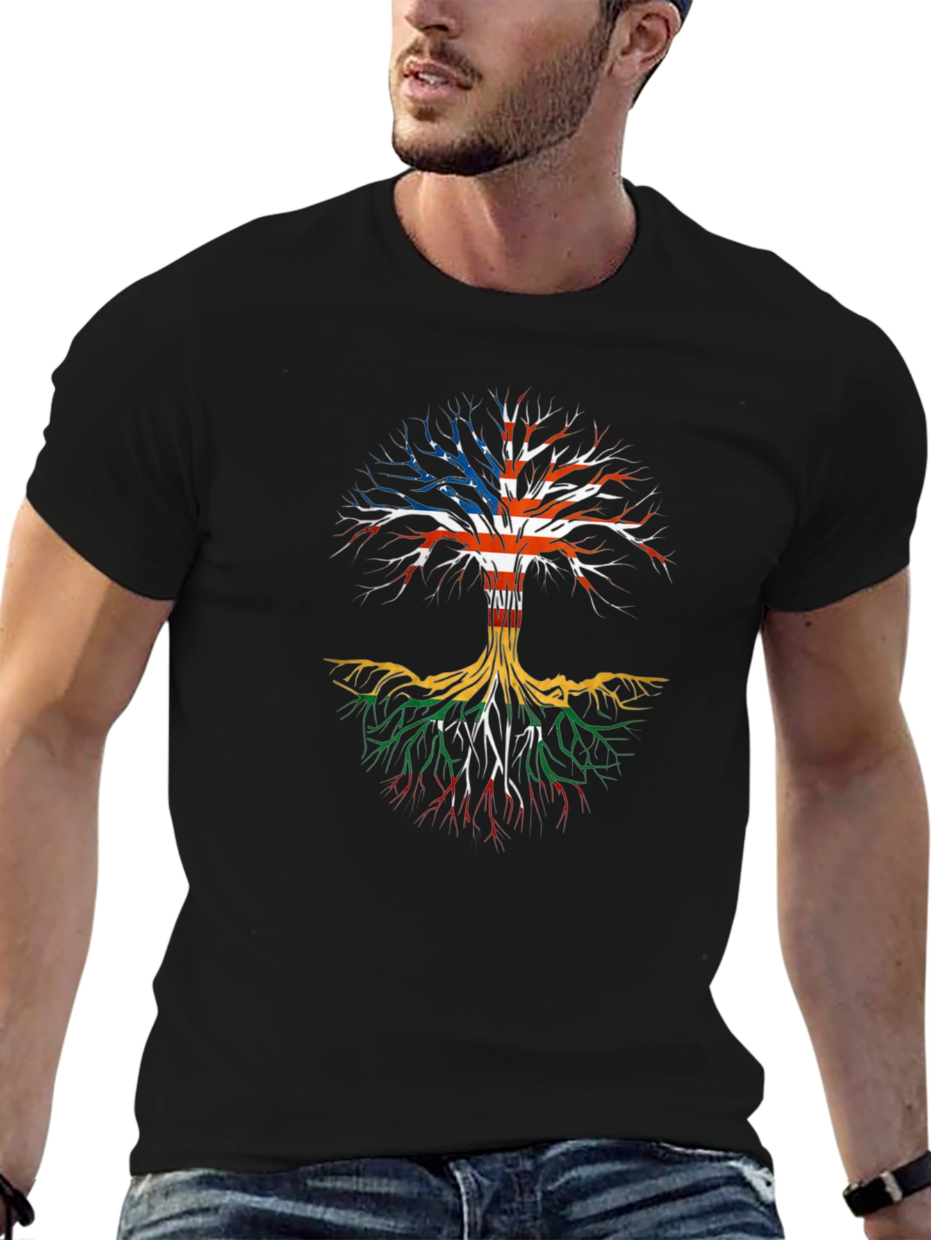 USA Roots Black T-Shirt - Tree of Life Design