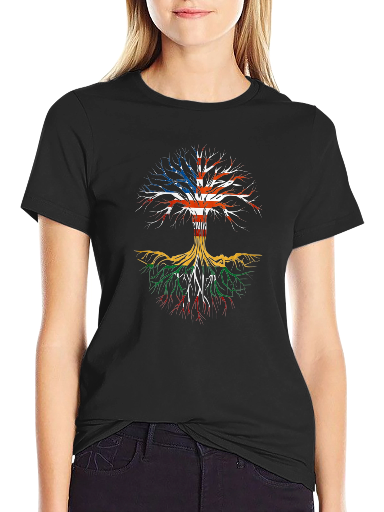 USA Roots Black T-Shirt - Tree of Life Design