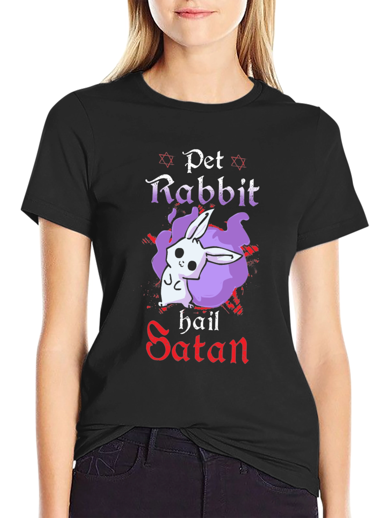 Pet Rabbit Hail Satan Black T-Shirt