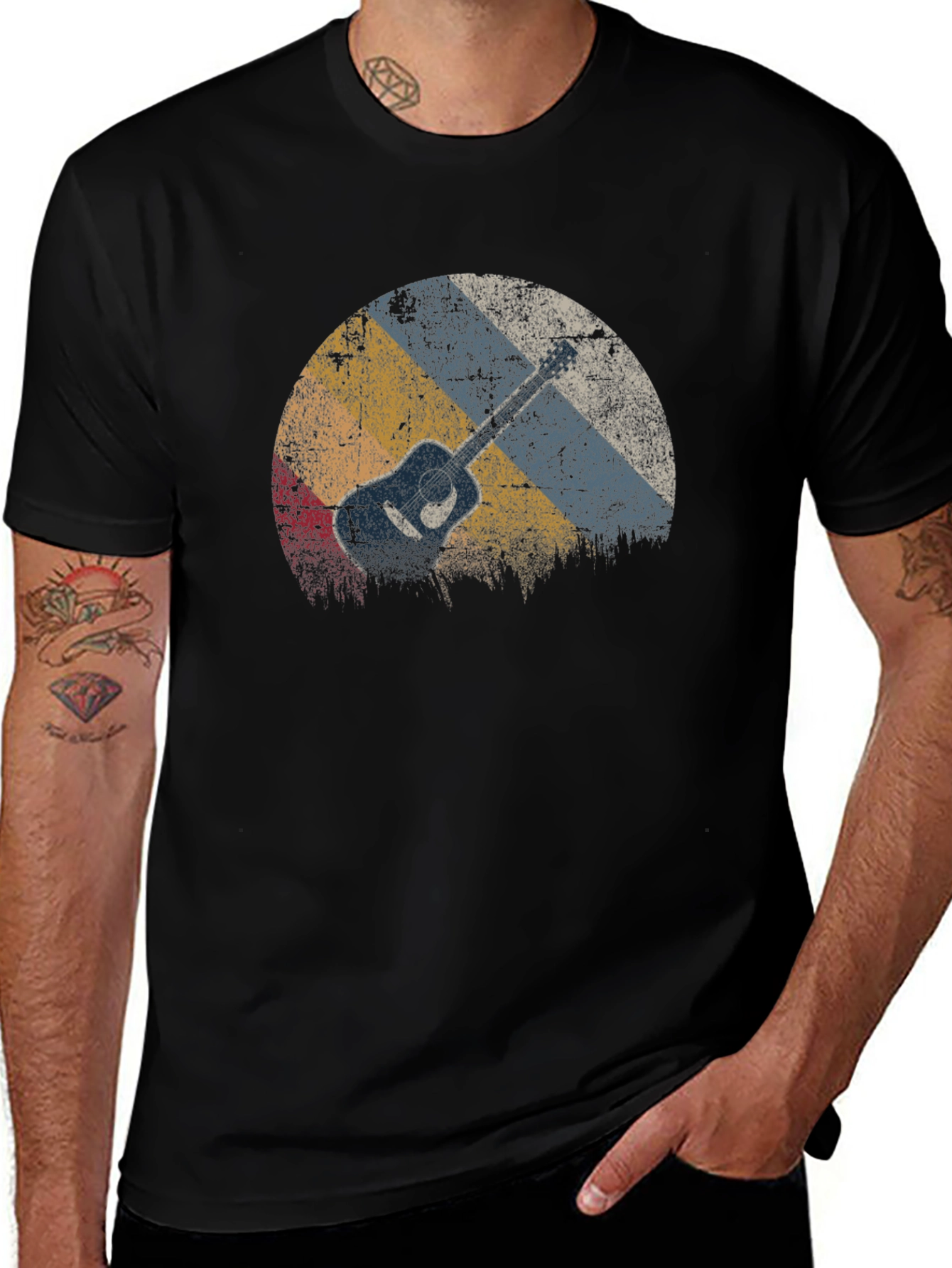Retro Guitar Graphic Tee - Black Cotton Blend