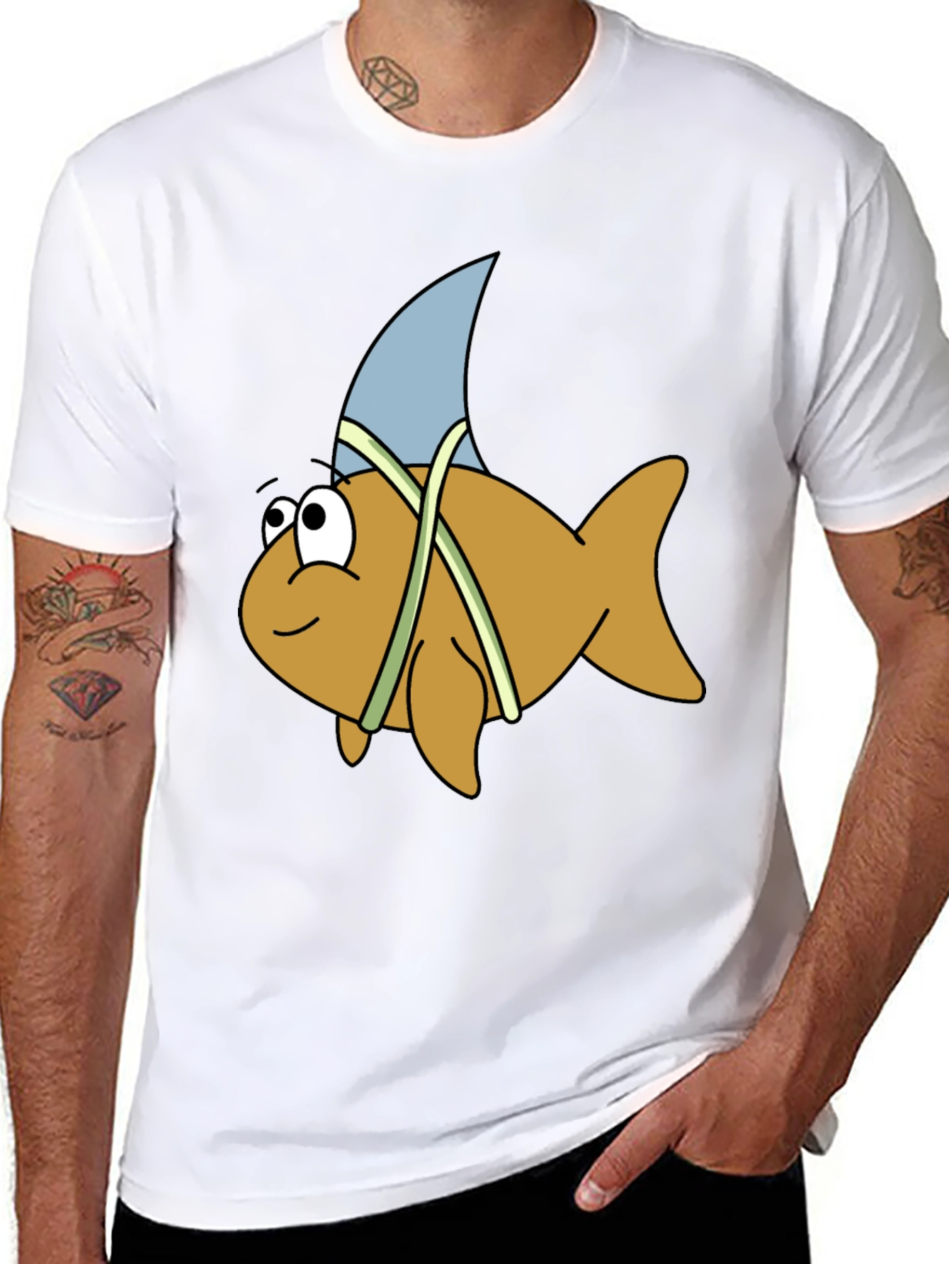 Cartoon Shark Fin Fish Black T-Shirt