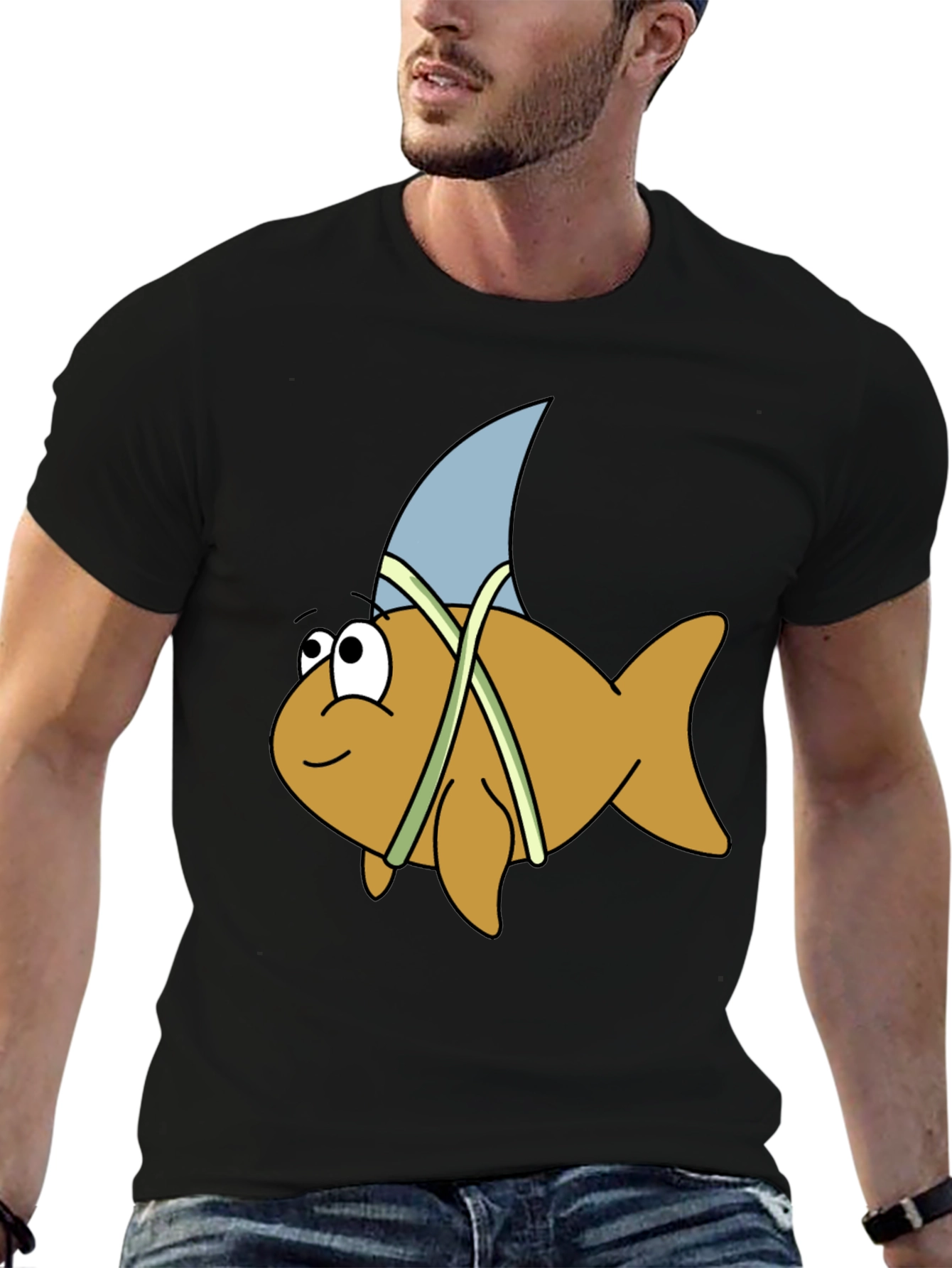 Cartoon Shark Fin Fish Black T-Shirt