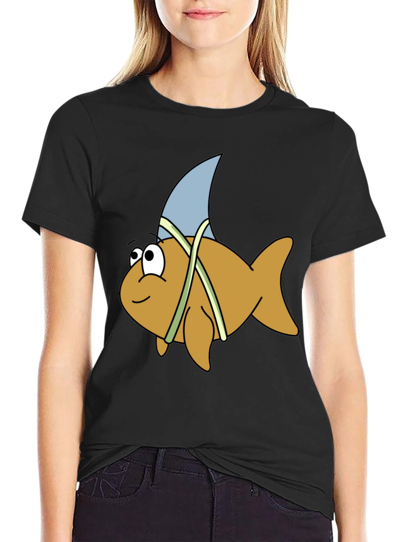 Cartoon Shark Fin Fish Black T-Shirt