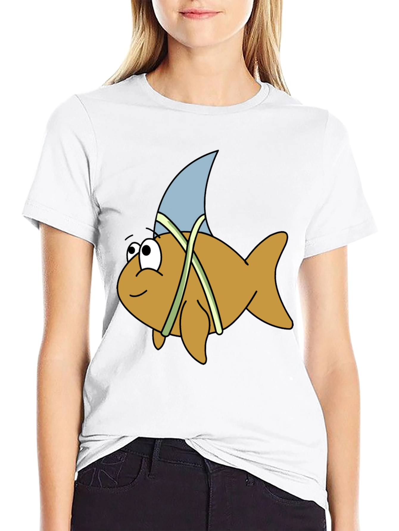 Cartoon Shark Fin Fish Black T-Shirt