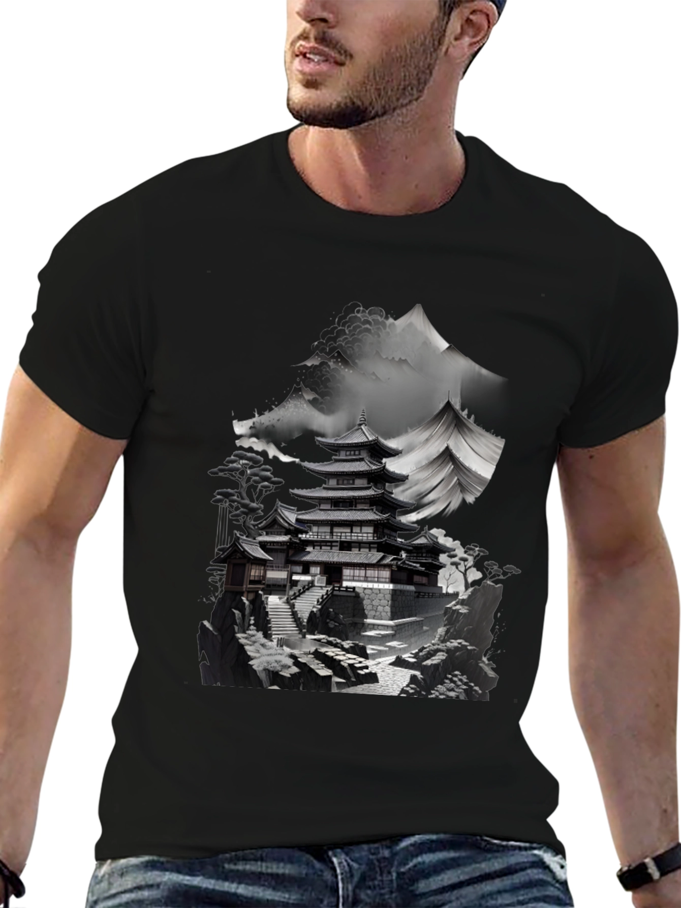 Japanese Temple Mountain Graphic Tee - Black
