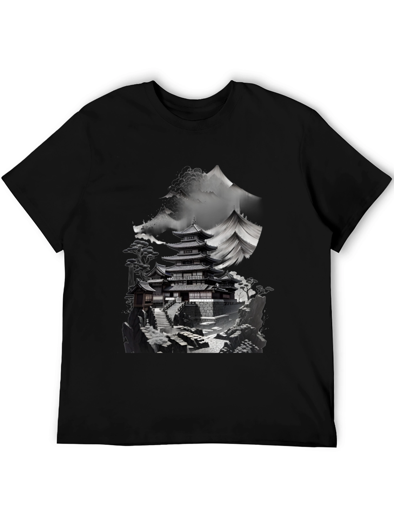 Japanese Temple Mountain Graphic Tee - Black