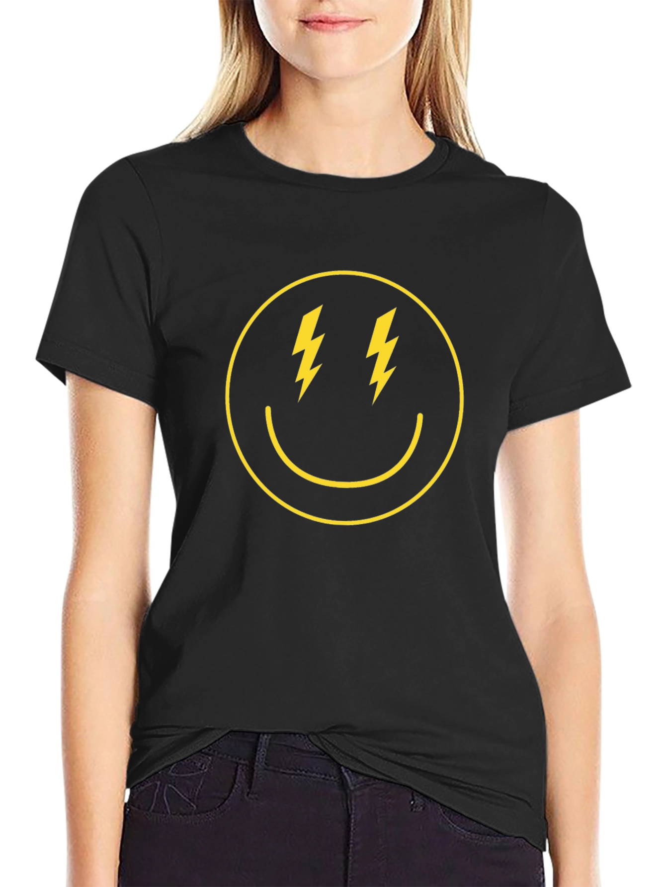 Lightning Bolt Smiley Face Graphic Tee - Black