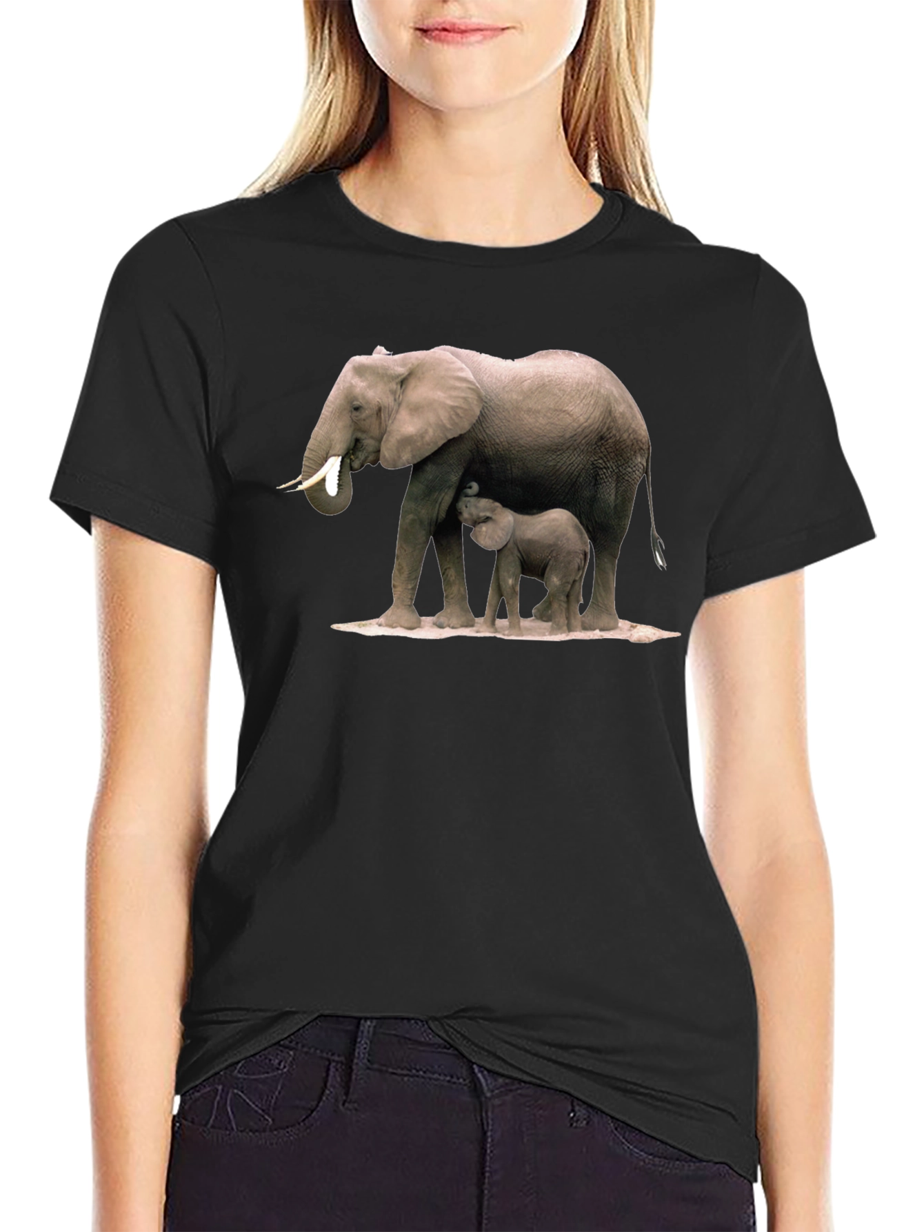 Elephant Mom and Baby Black T-Shirt