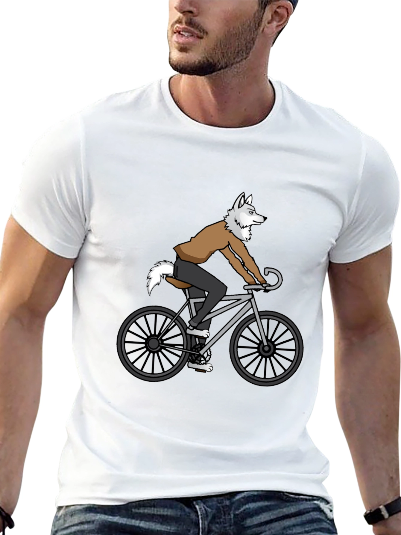 Wolf Riding Bike Graphic Tee - Quirky Mens T-Shirt