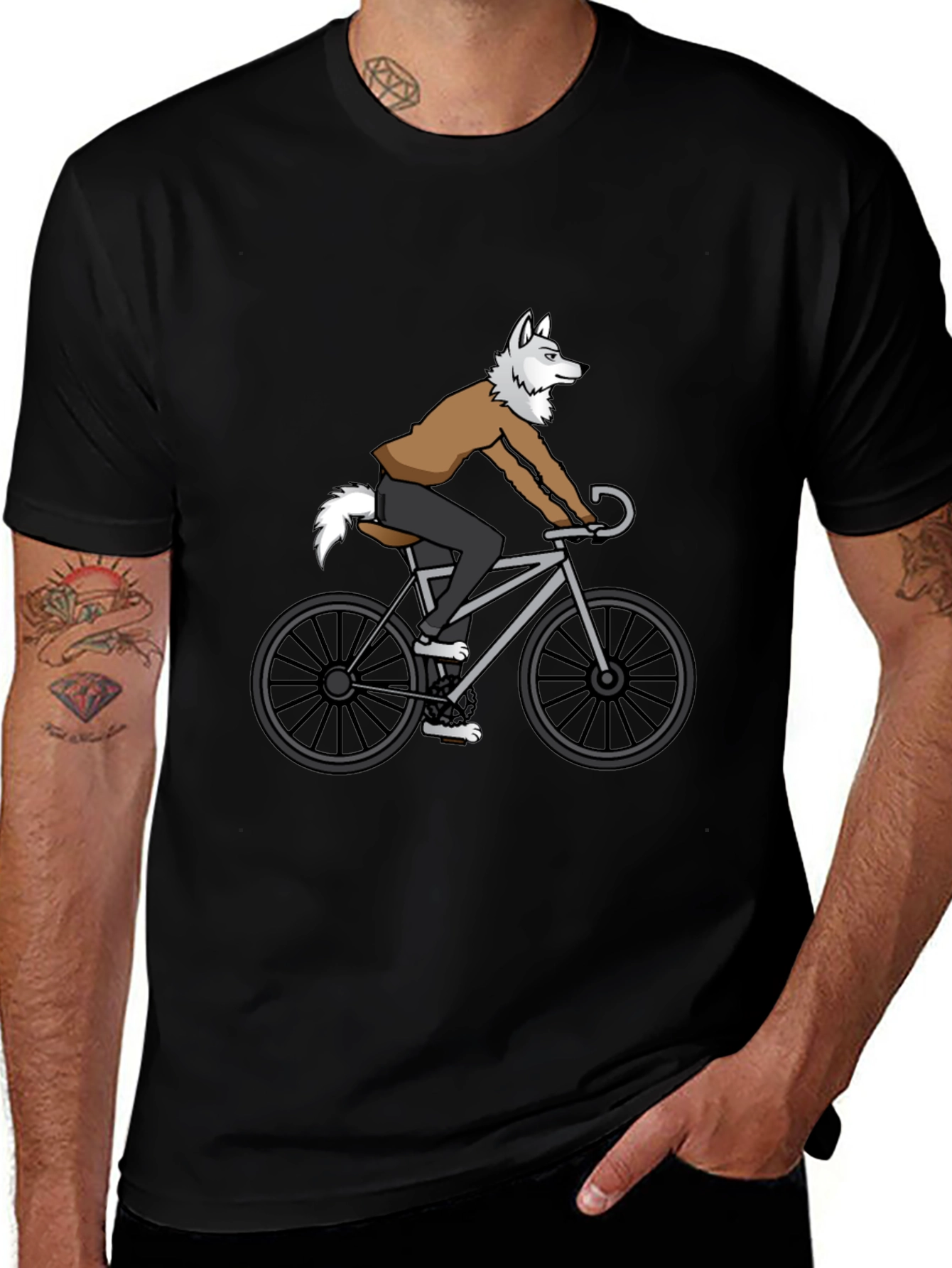 Wolf Riding Bike Graphic Tee - Quirky Mens T-Shirt