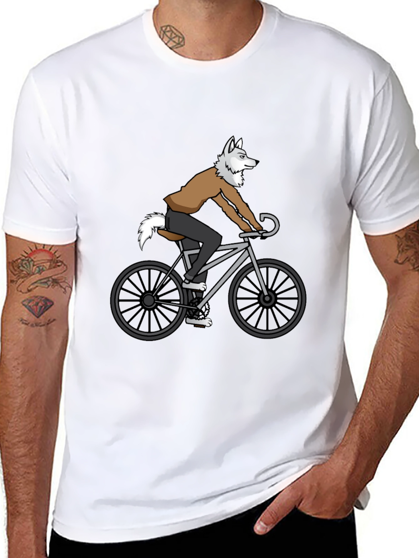 Wolf Riding Bike Graphic Tee - Quirky Mens T-Shirt