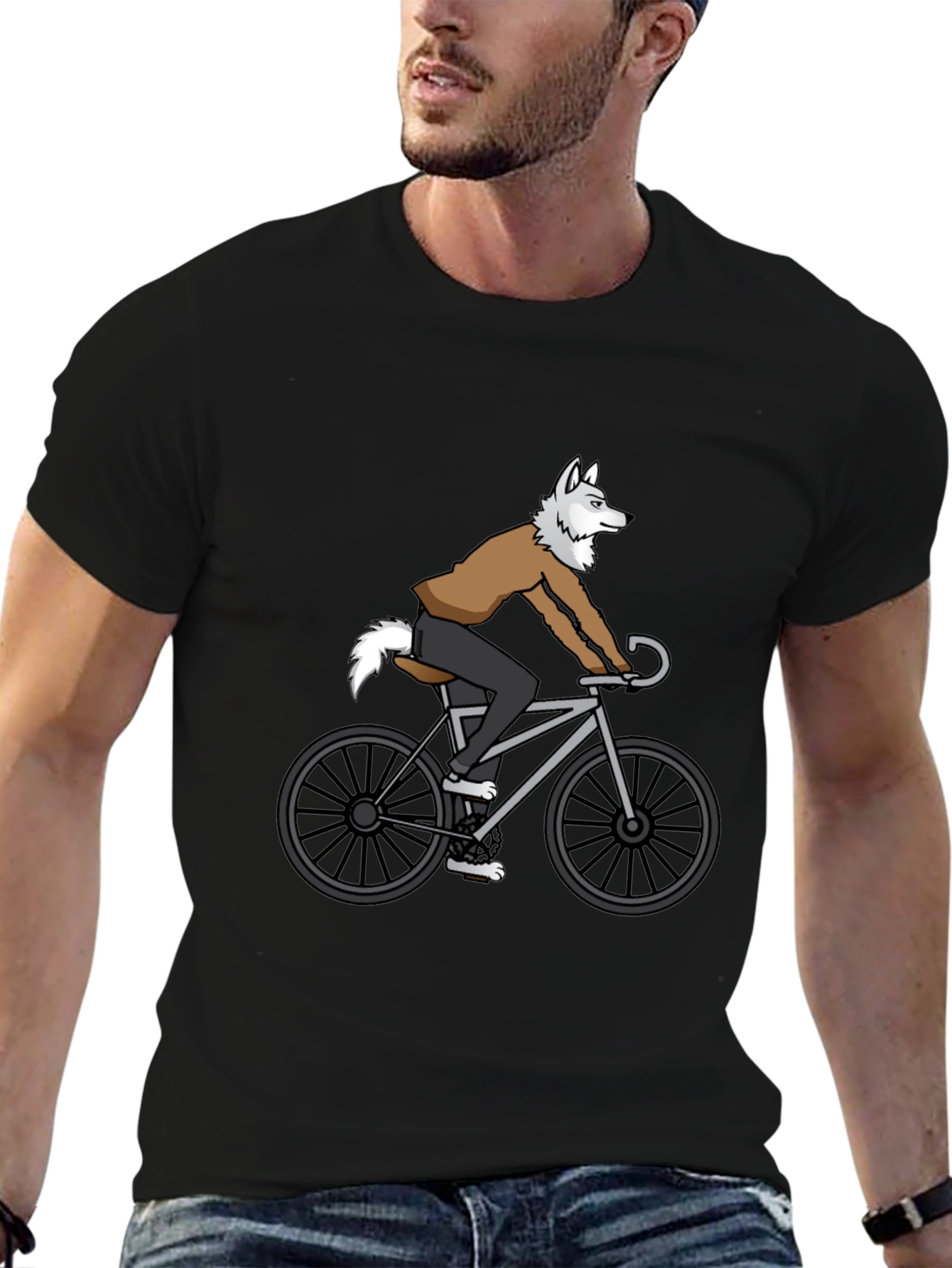Wolf Riding Bike Graphic Tee - Quirky Mens T-Shirt