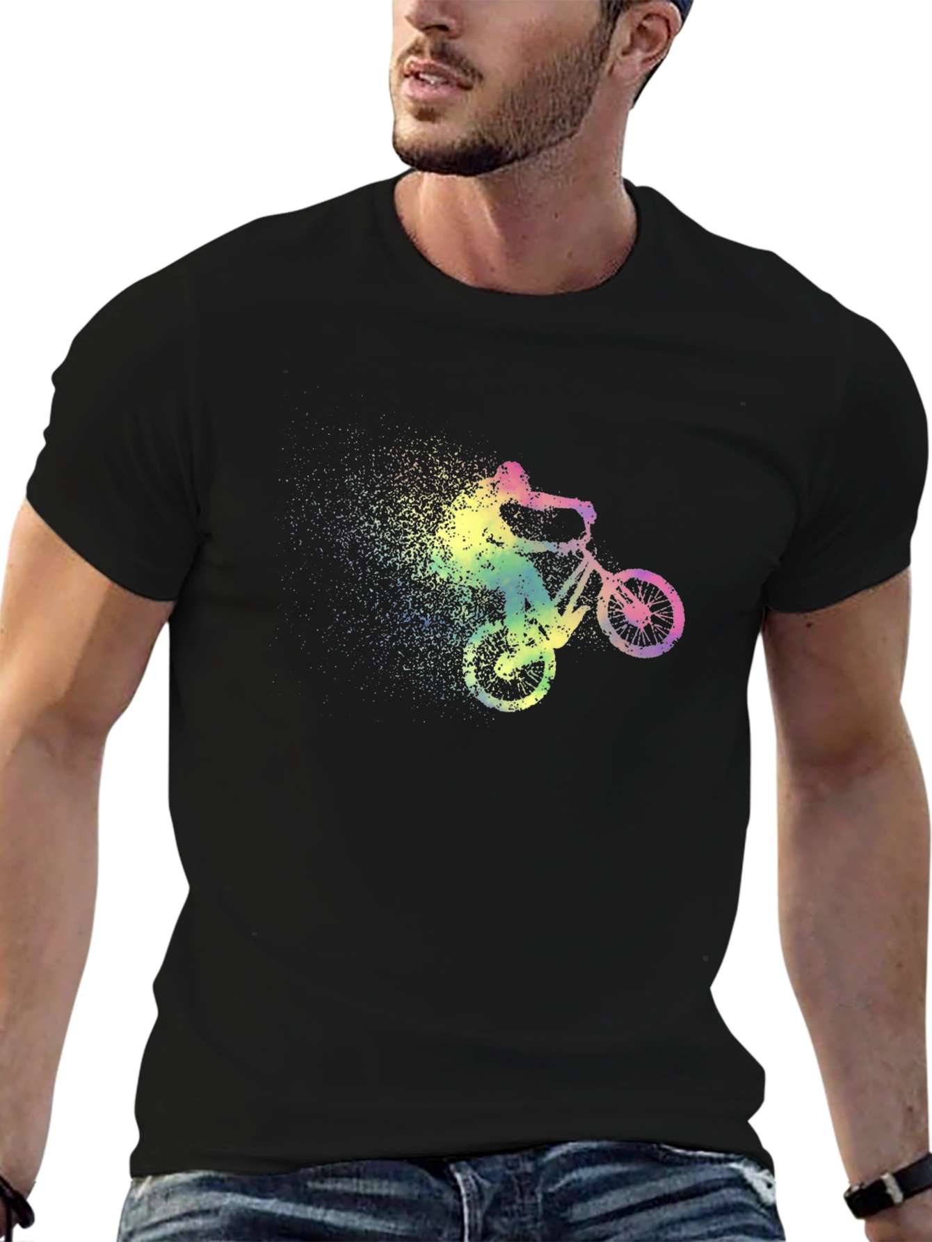 Mens Black T-Shirt with Rainbow Cycling Design