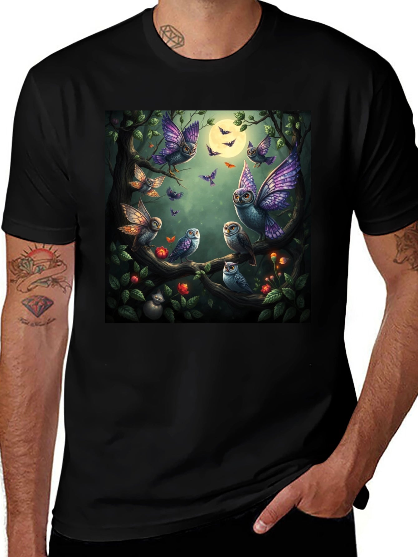 Owl Butterfly Graphic T-Shirt - Whimsical Design