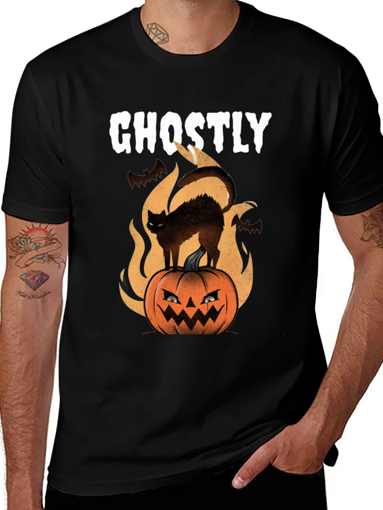 Ghostly Cat on Pumpkin Halloween T-Shirt