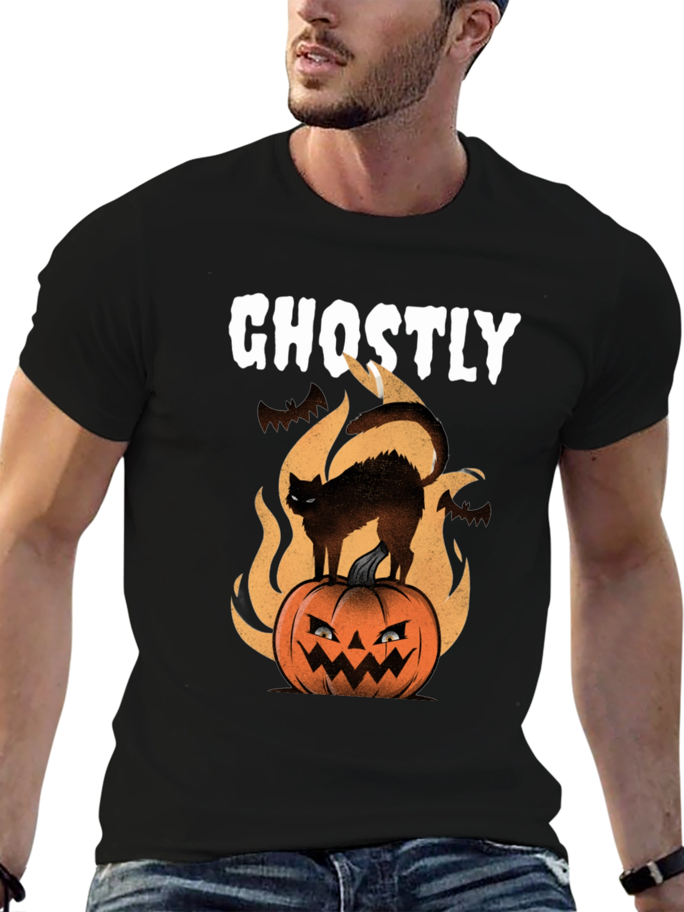 Ghostly Cat on Pumpkin Halloween T-Shirt