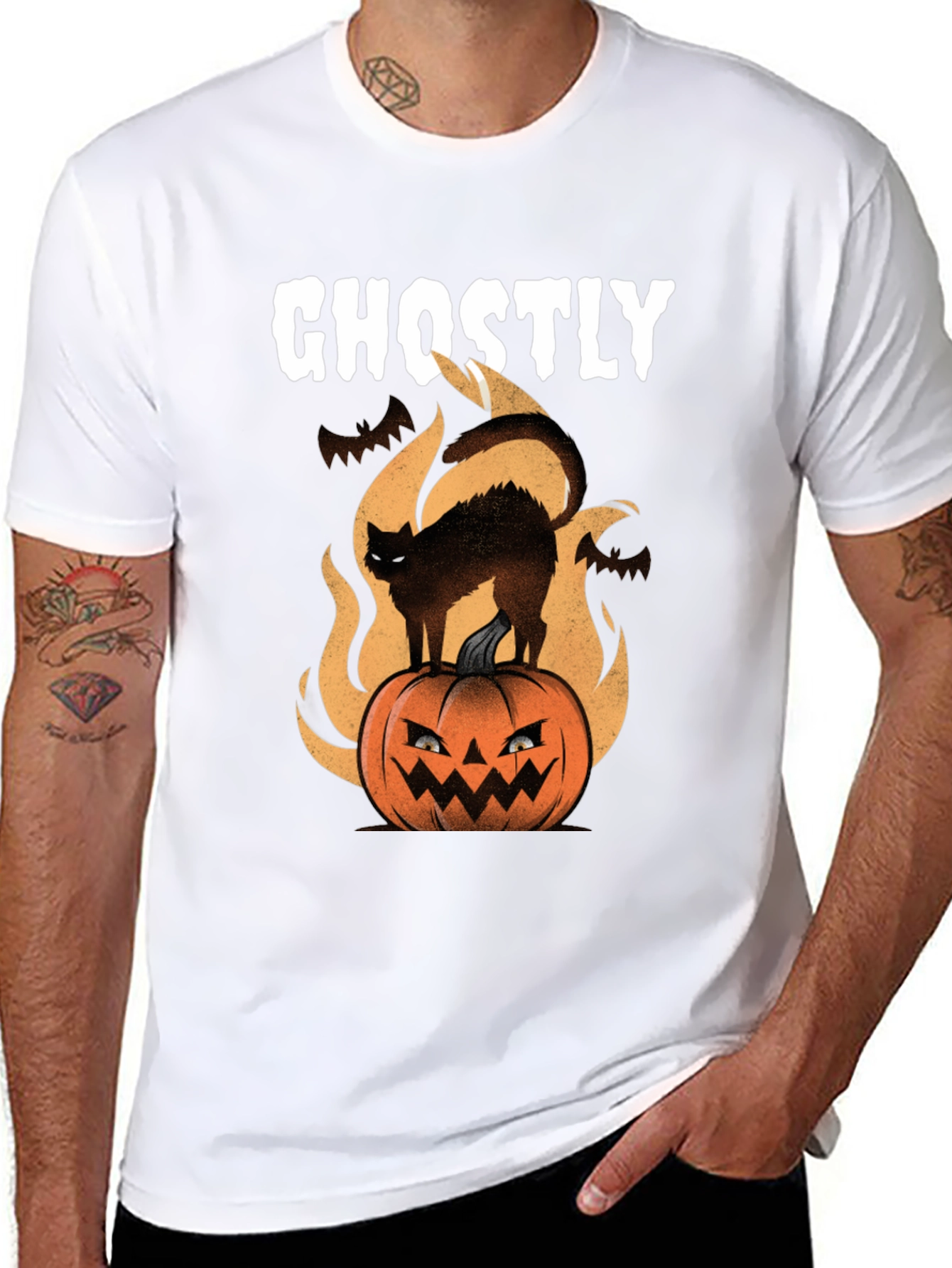 Ghostly Cat on Pumpkin Halloween T-Shirt