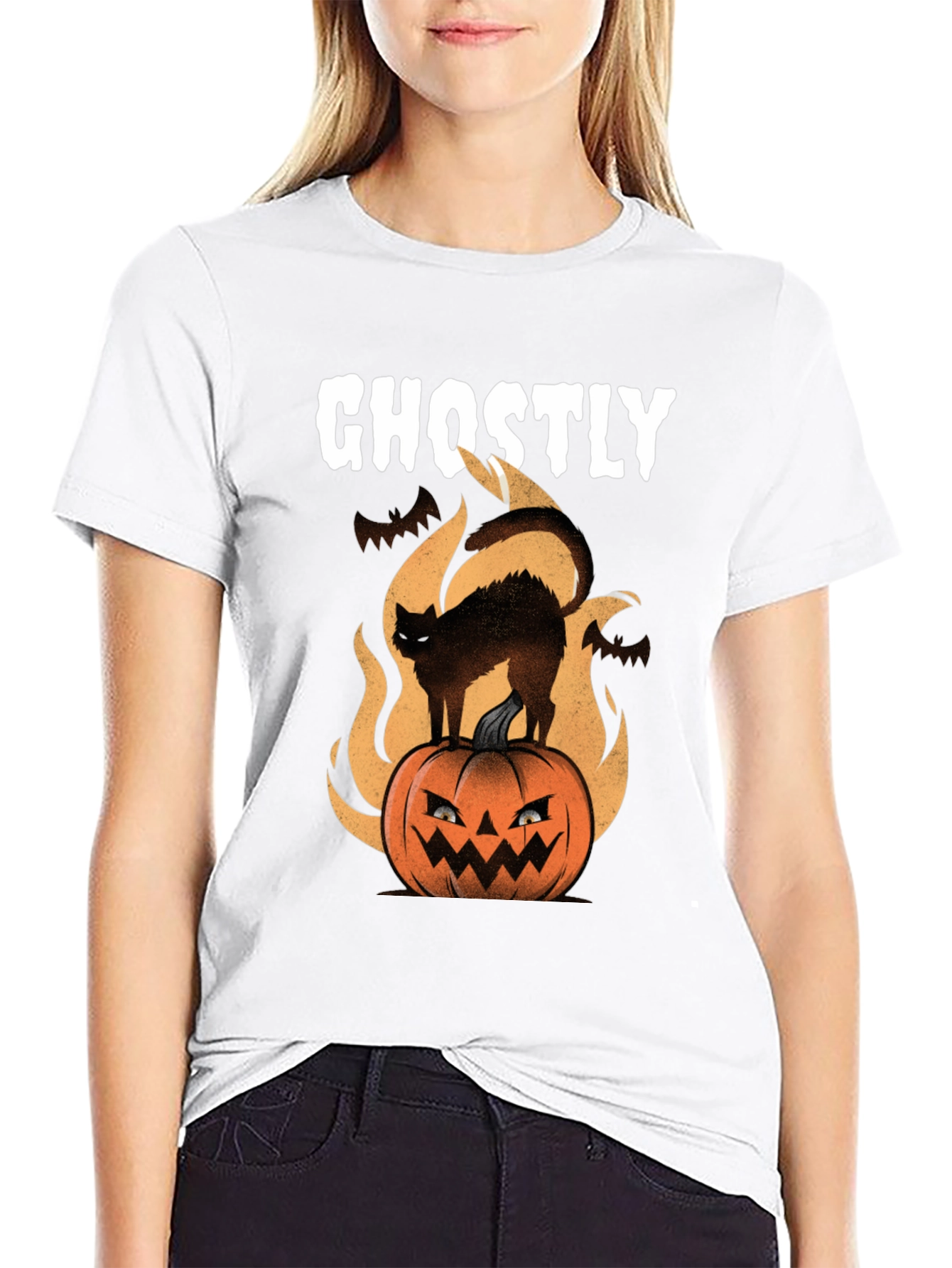 Ghostly Cat on Pumpkin Halloween T-Shirt