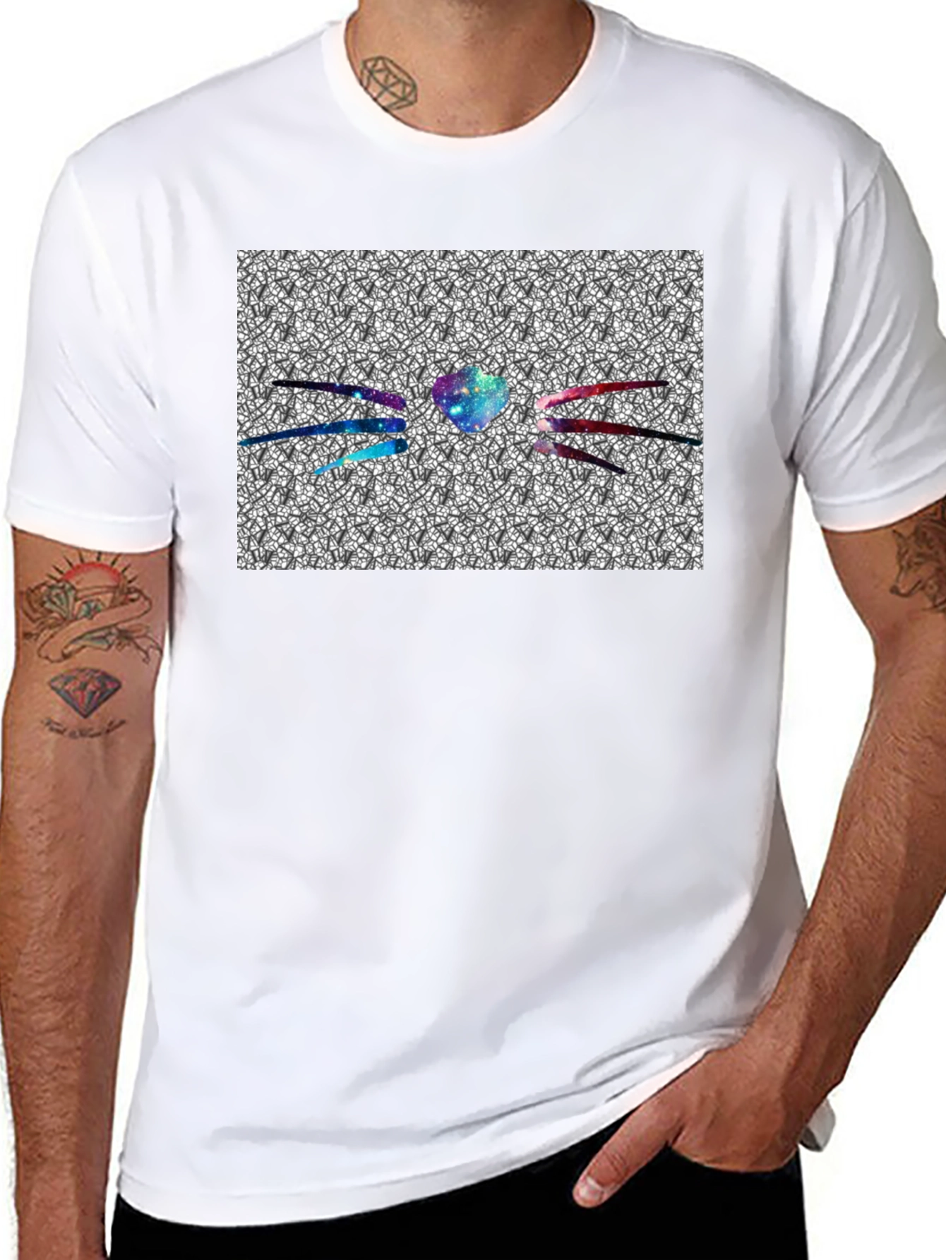 Galaxy Heart Cat Graphic Tee - Black Cotton Blend