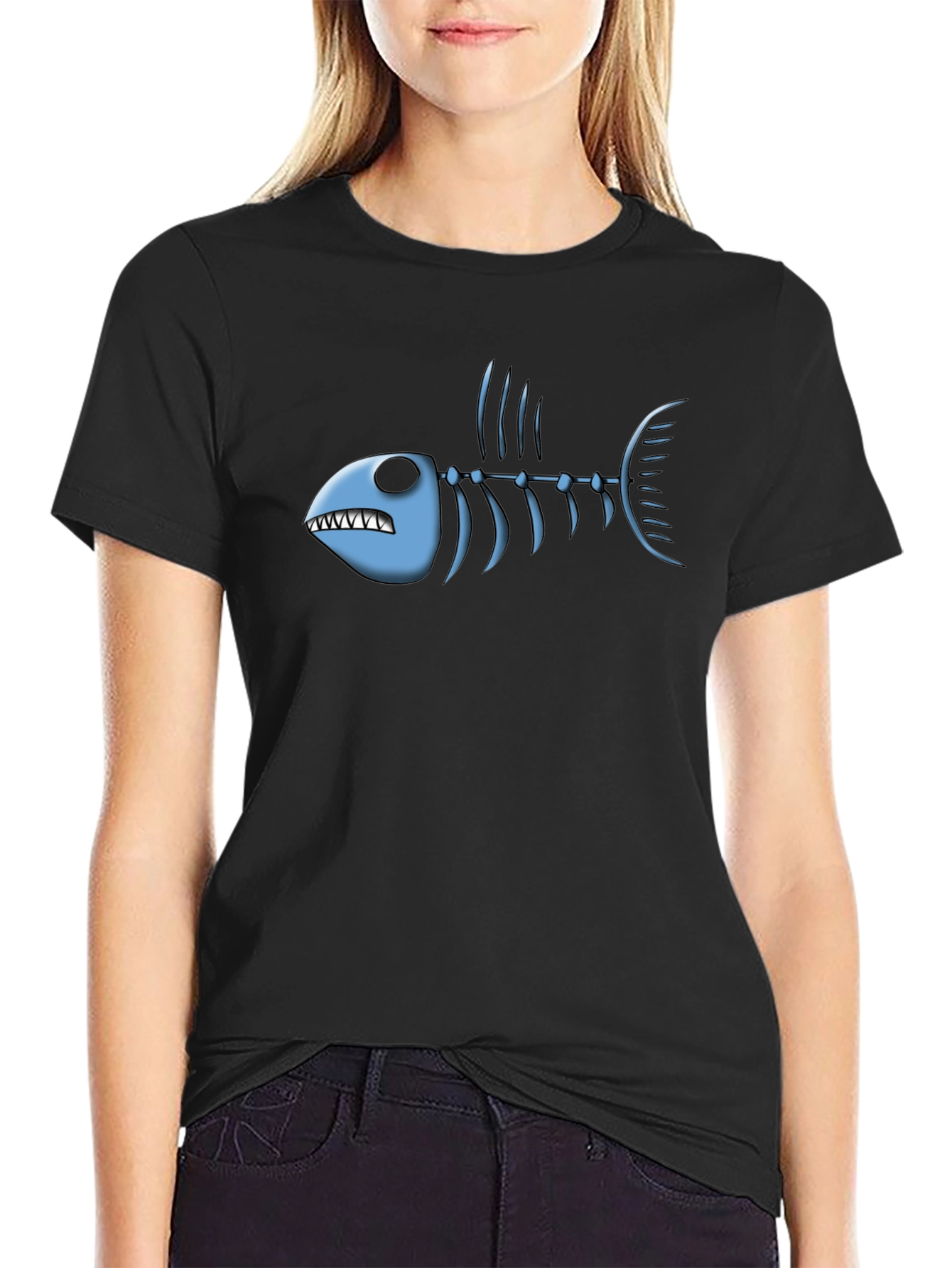 Fish Bone Graphic Tee - Black Cotton T-Shirt
