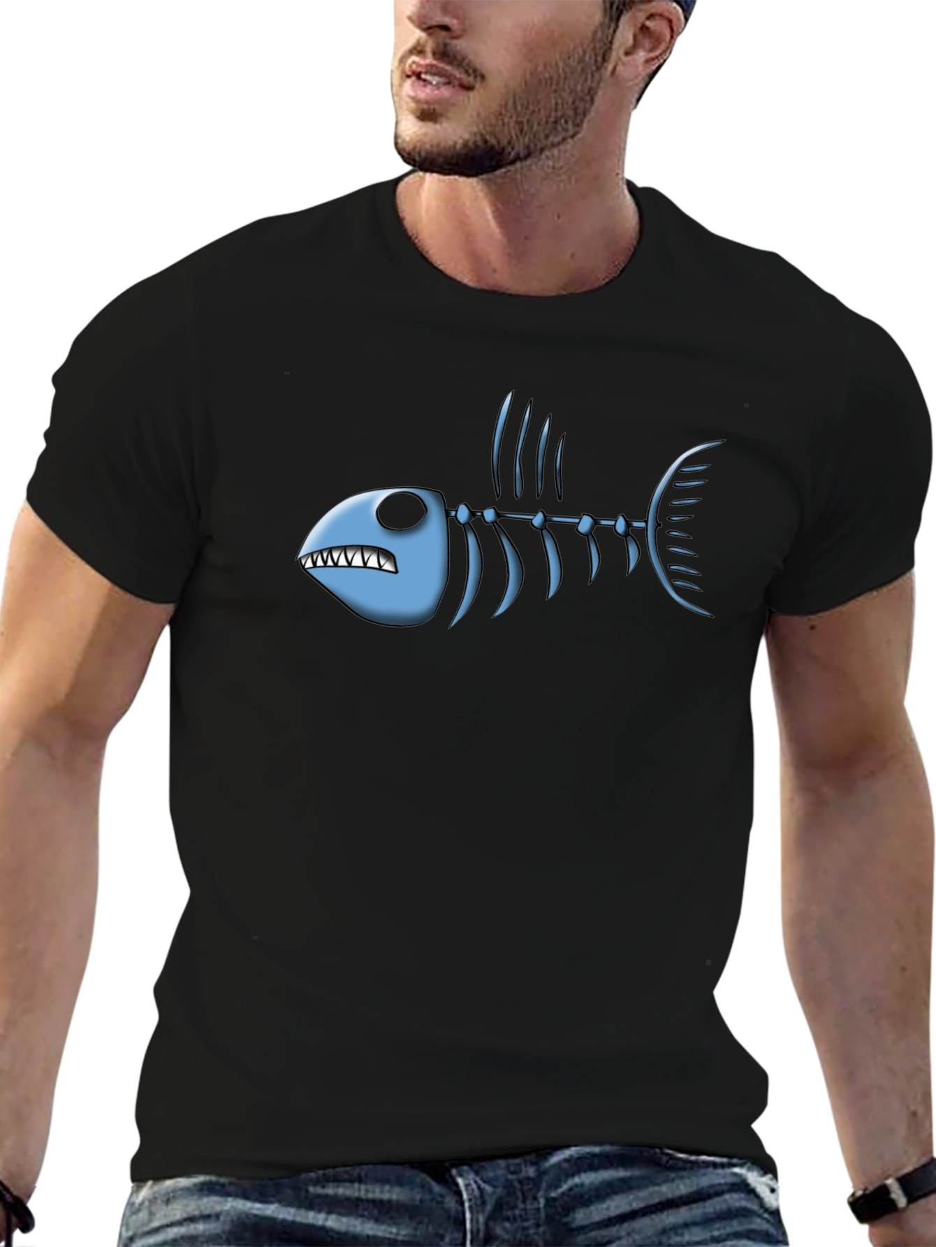 Fish Bone Graphic Tee - Black Cotton T-Shirt