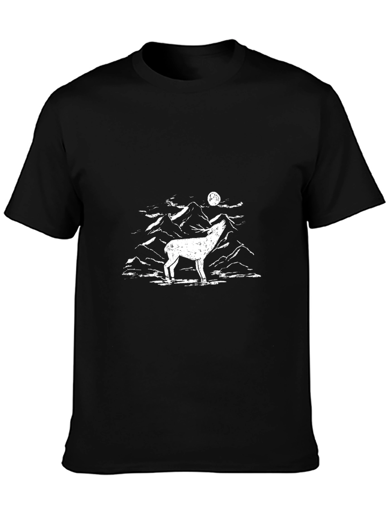 Mens Black T-Shirt with Deer and Mountain Graphic