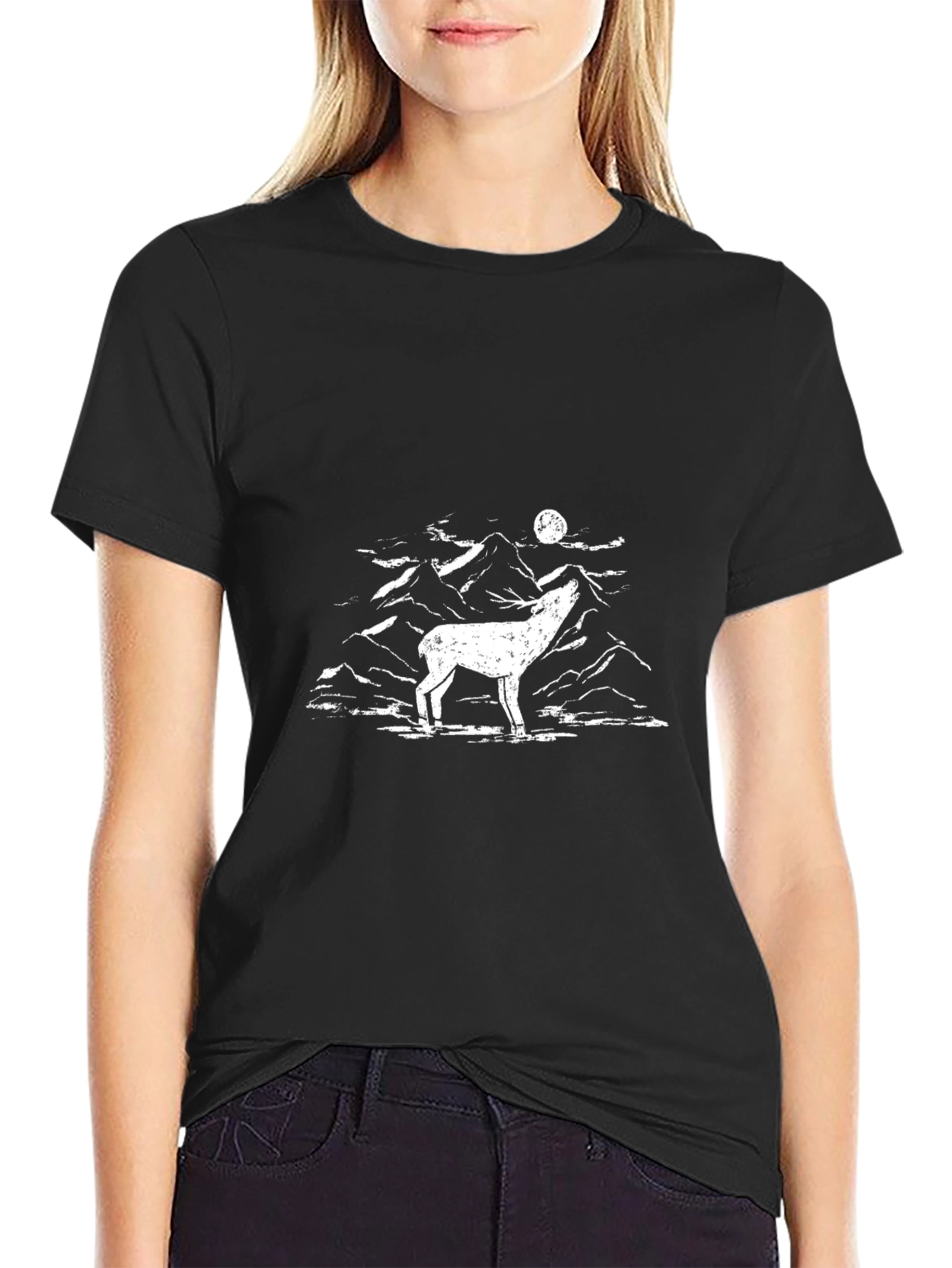 Mens Black T-Shirt with Deer and Mountain Graphic