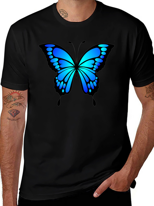 Blue Butterfly Graphic Black T-Shirt