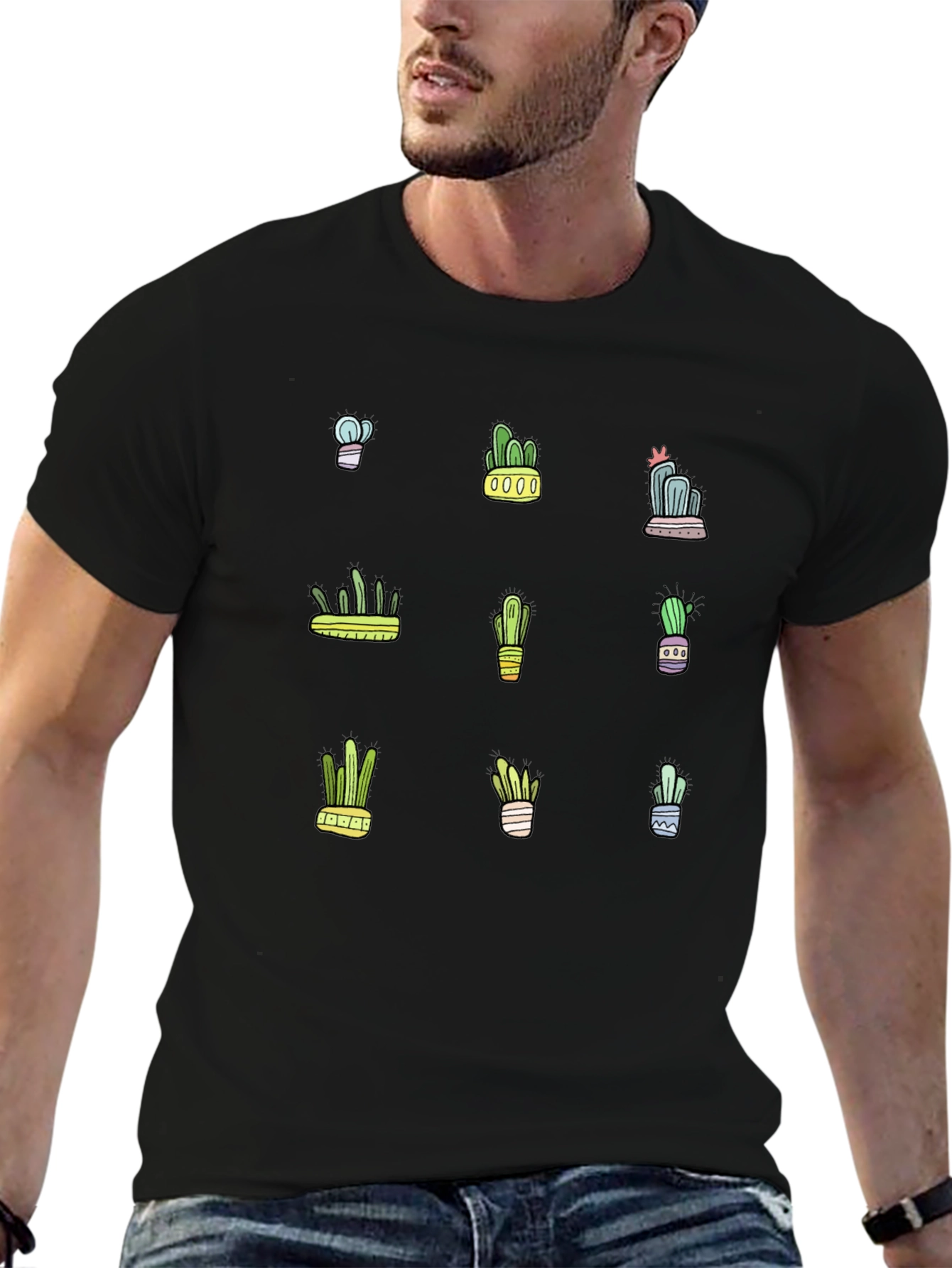Cactus Print Black T-Shirt - Trendy Botanical Design