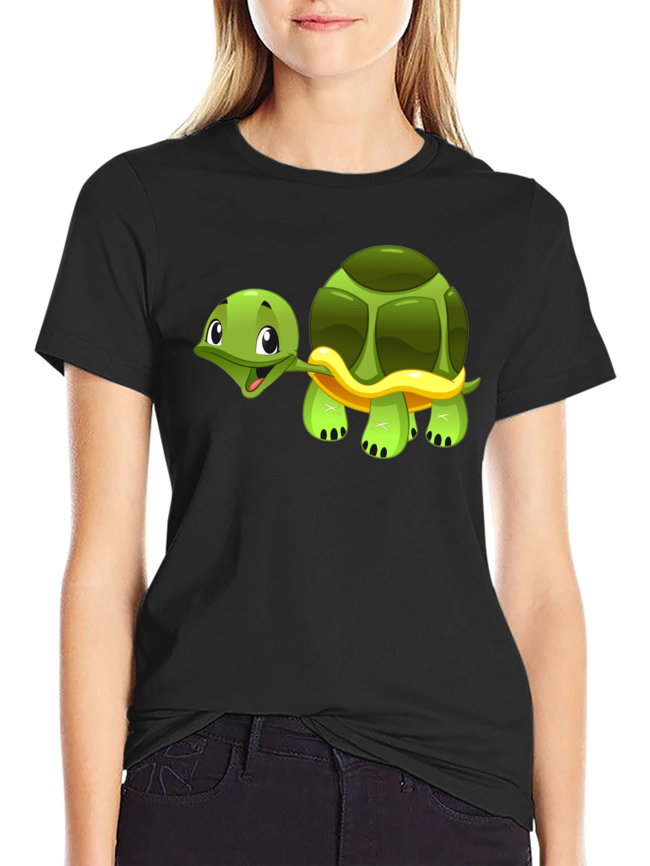 Cute Cartoon Turtle Graphic Black T-Shirt