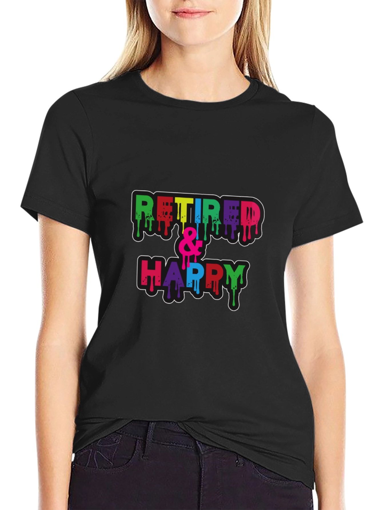 Retired & Happy Graphic Tee - Black Cotton Blend