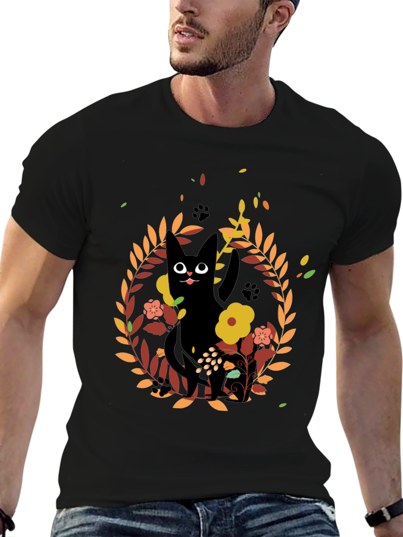 Whimsical Black Cat Floral Wreath T-Shirt