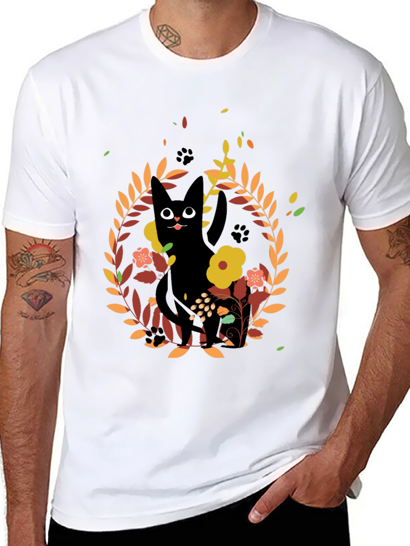 Whimsical Black Cat Floral Wreath T-Shirt