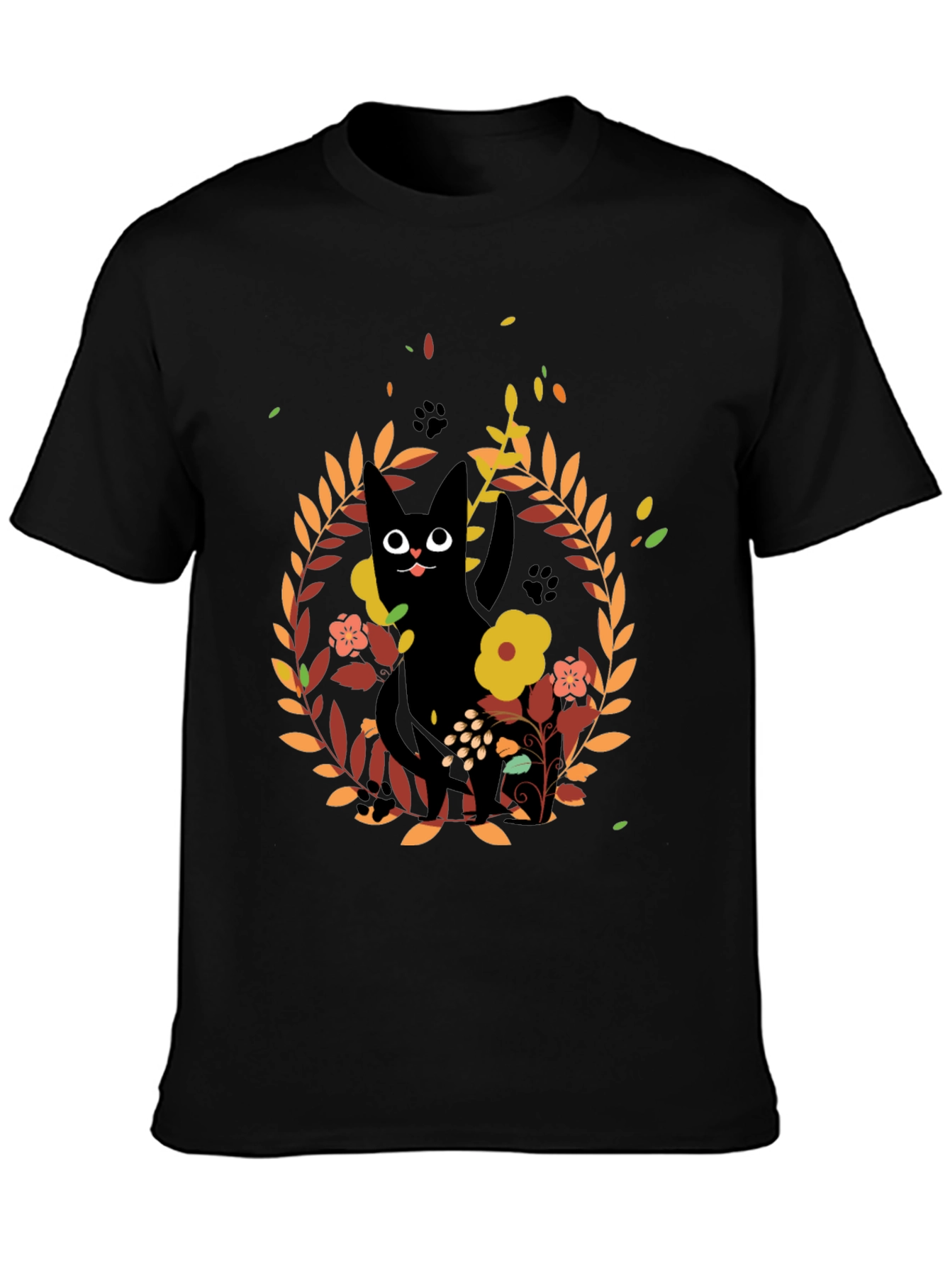 Whimsical Black Cat Floral Wreath T-Shirt