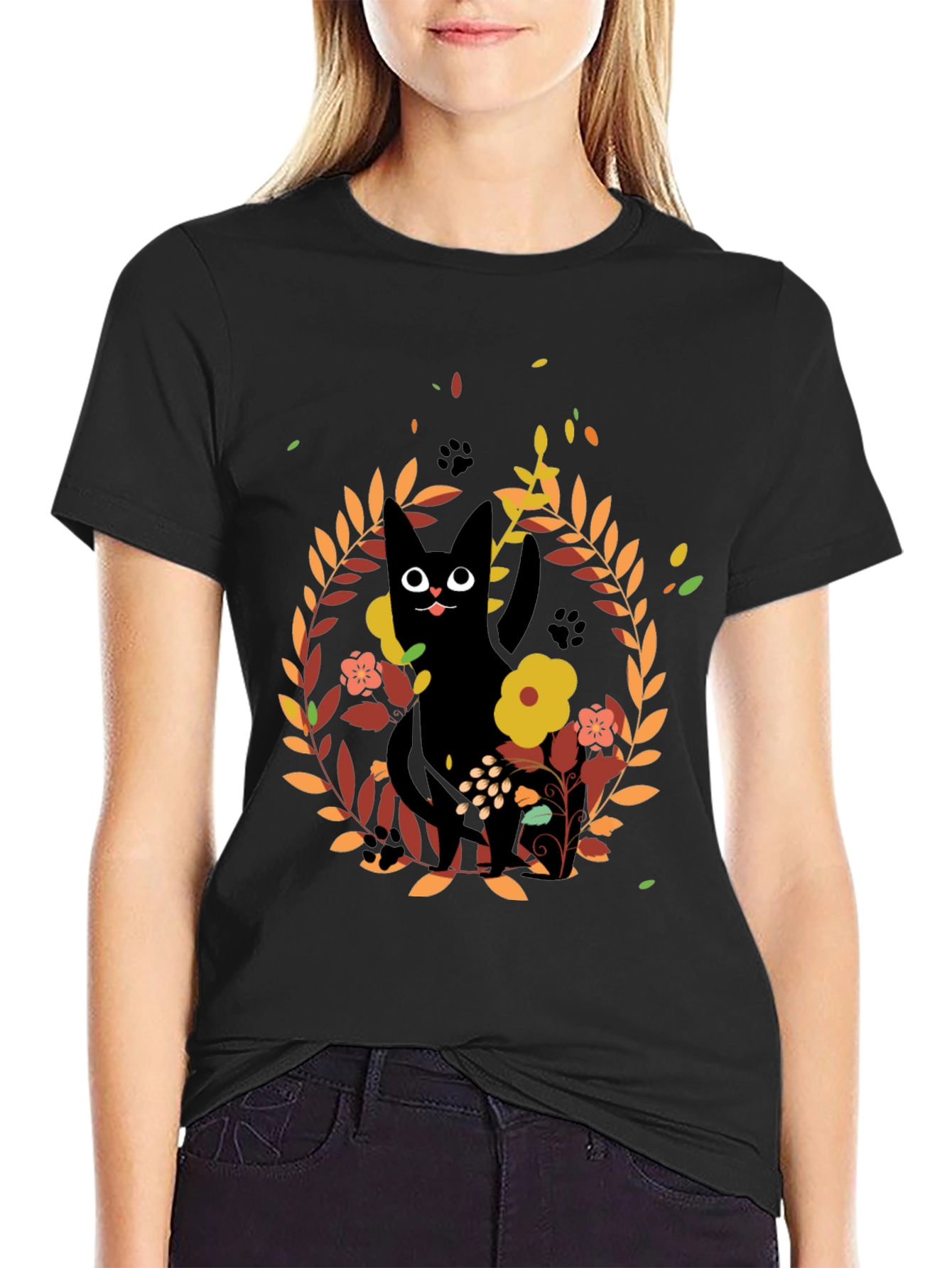 Whimsical Black Cat Floral Wreath T-Shirt