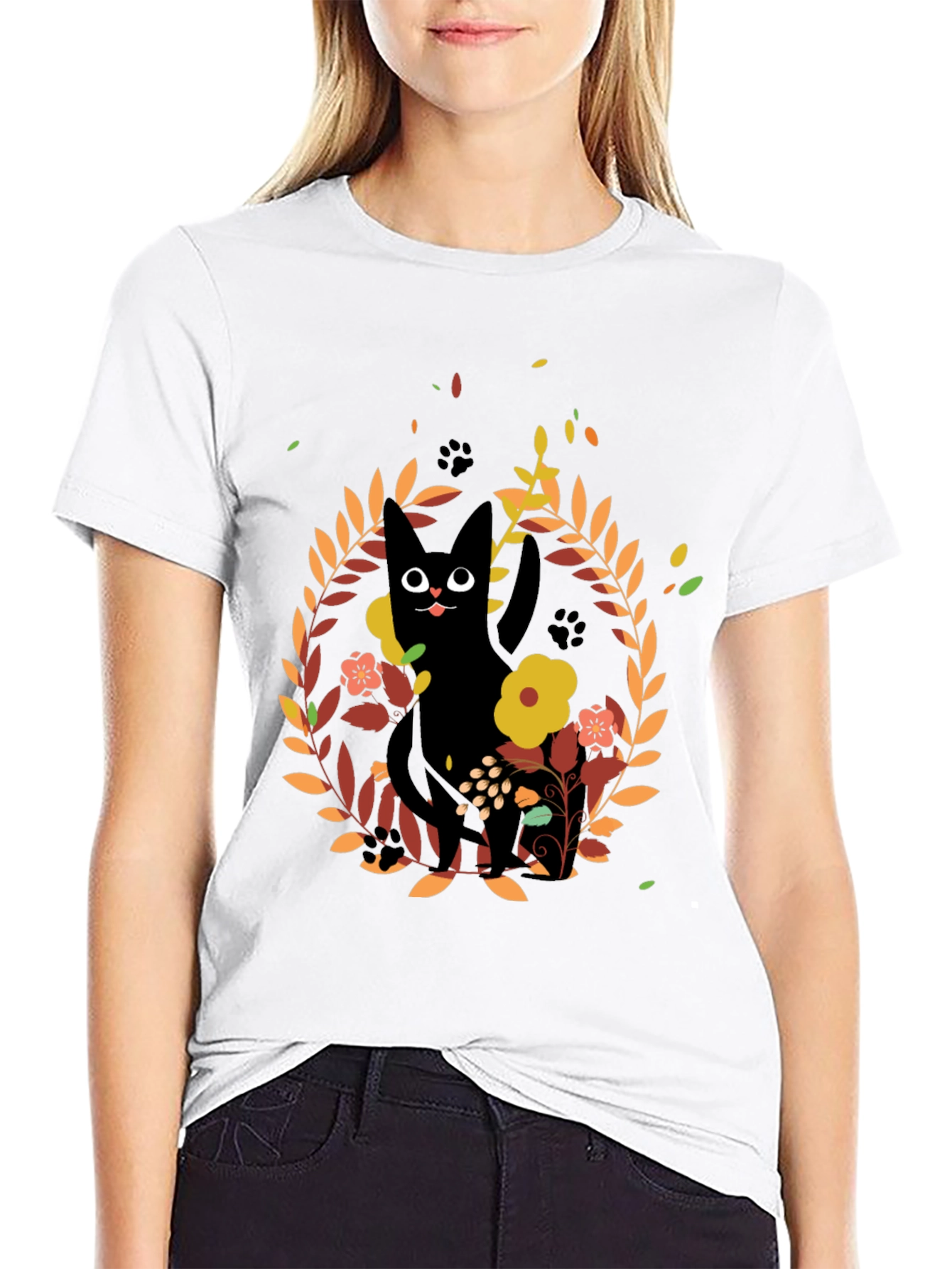 Whimsical Black Cat Floral Wreath T-Shirt