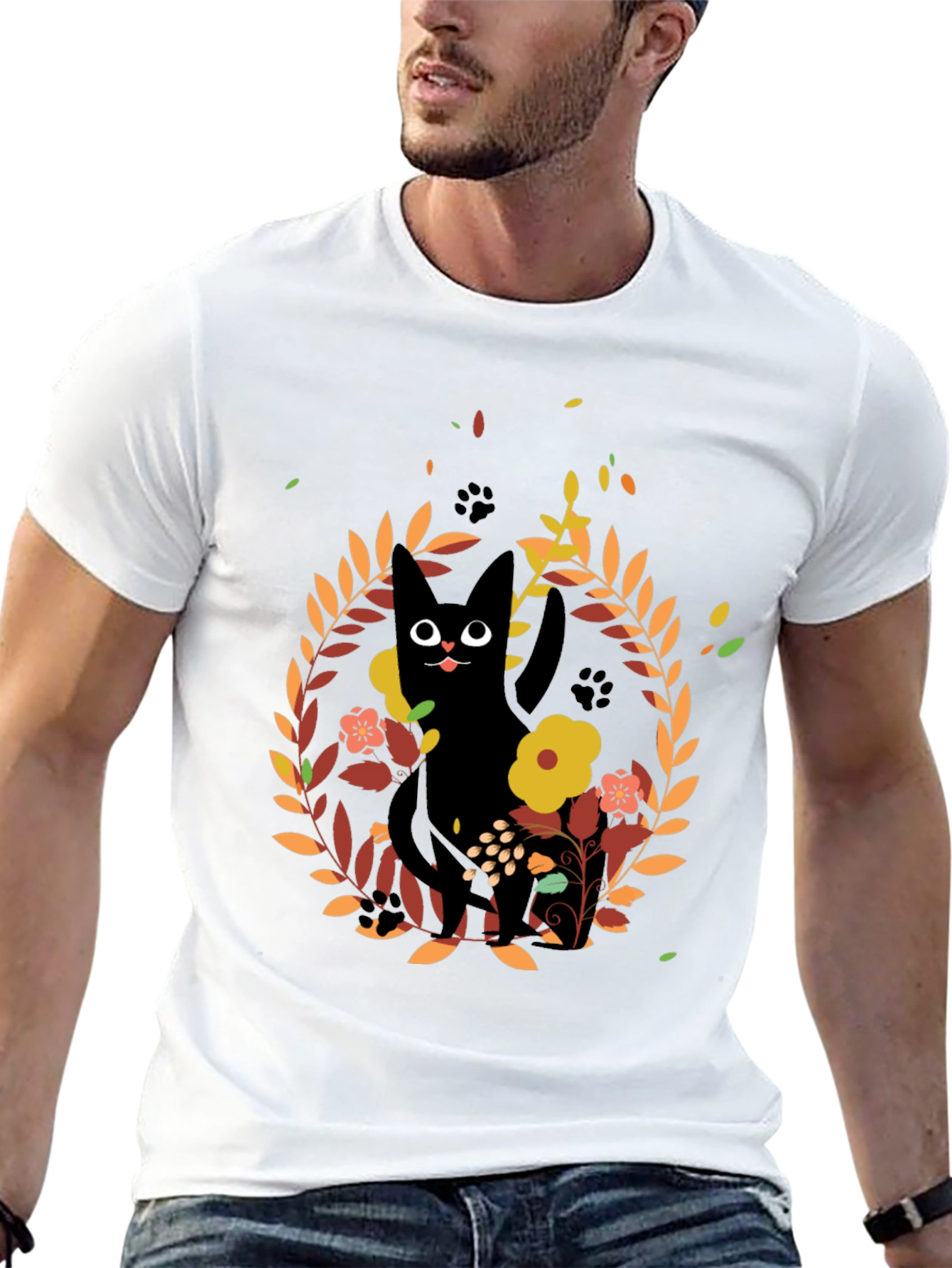 Whimsical Black Cat Floral Wreath T-Shirt
