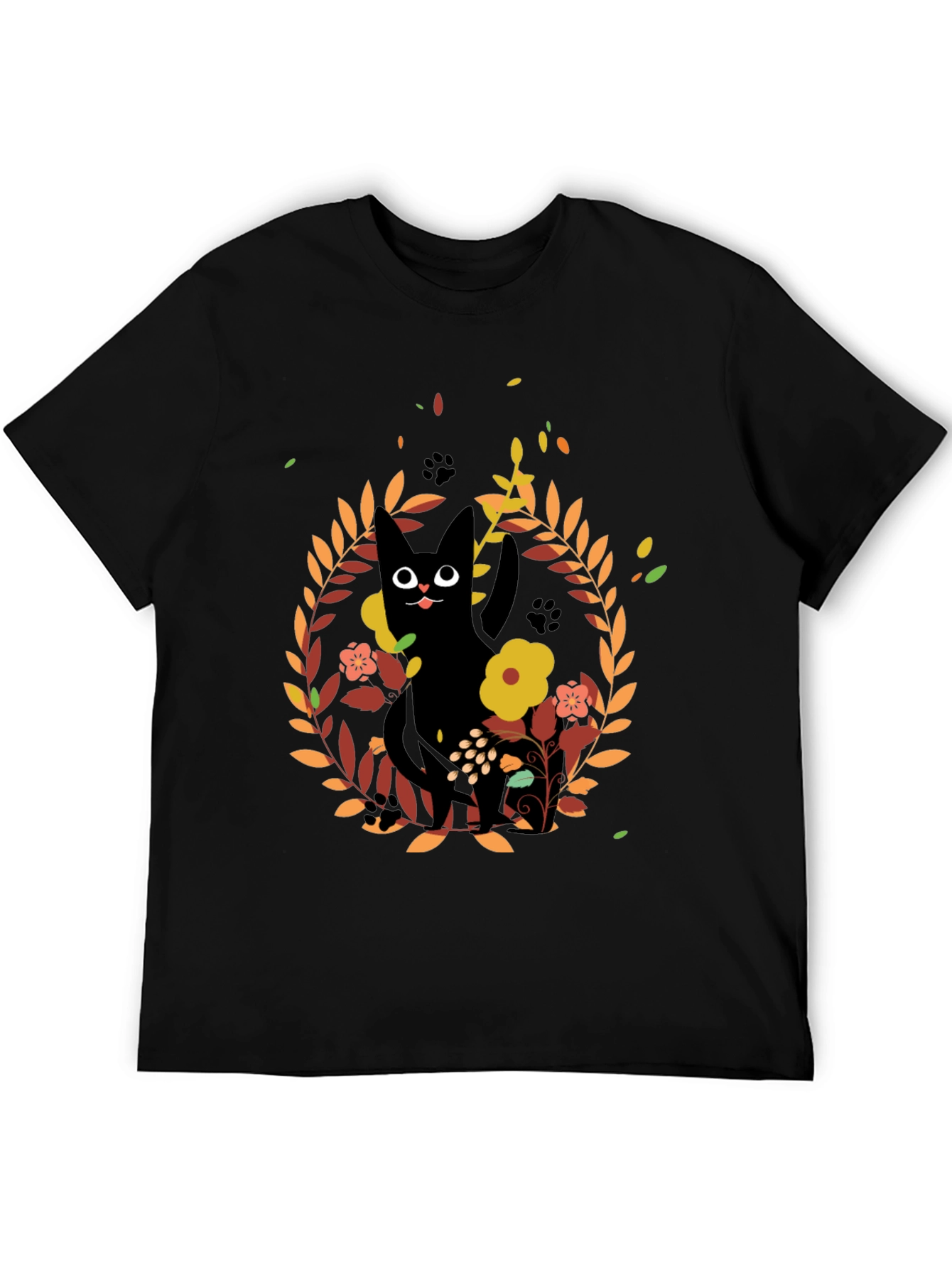 Whimsical Black Cat Floral Wreath T-Shirt