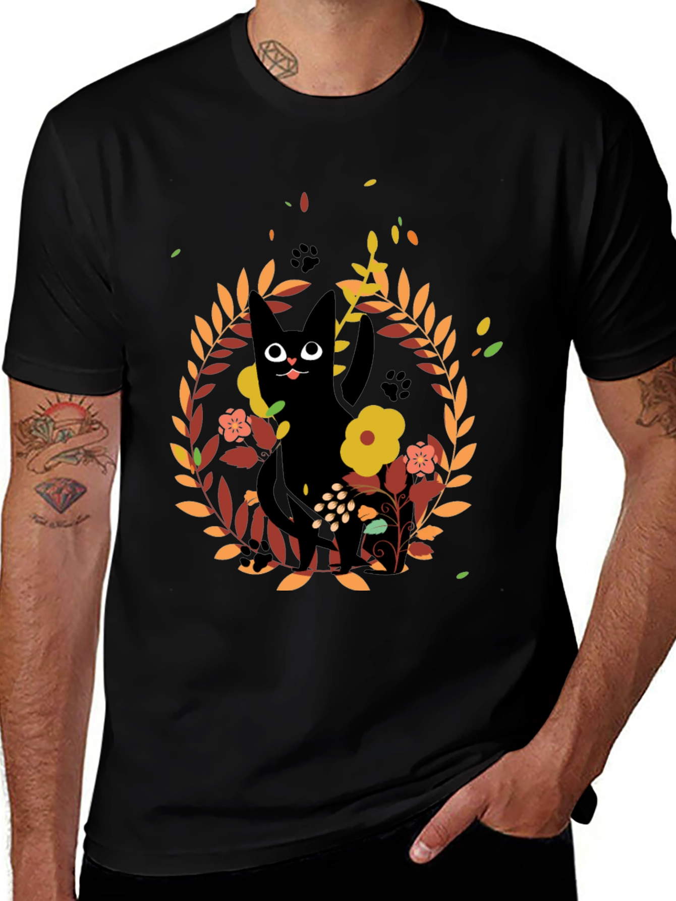 Whimsical Black Cat Floral Wreath T-Shirt