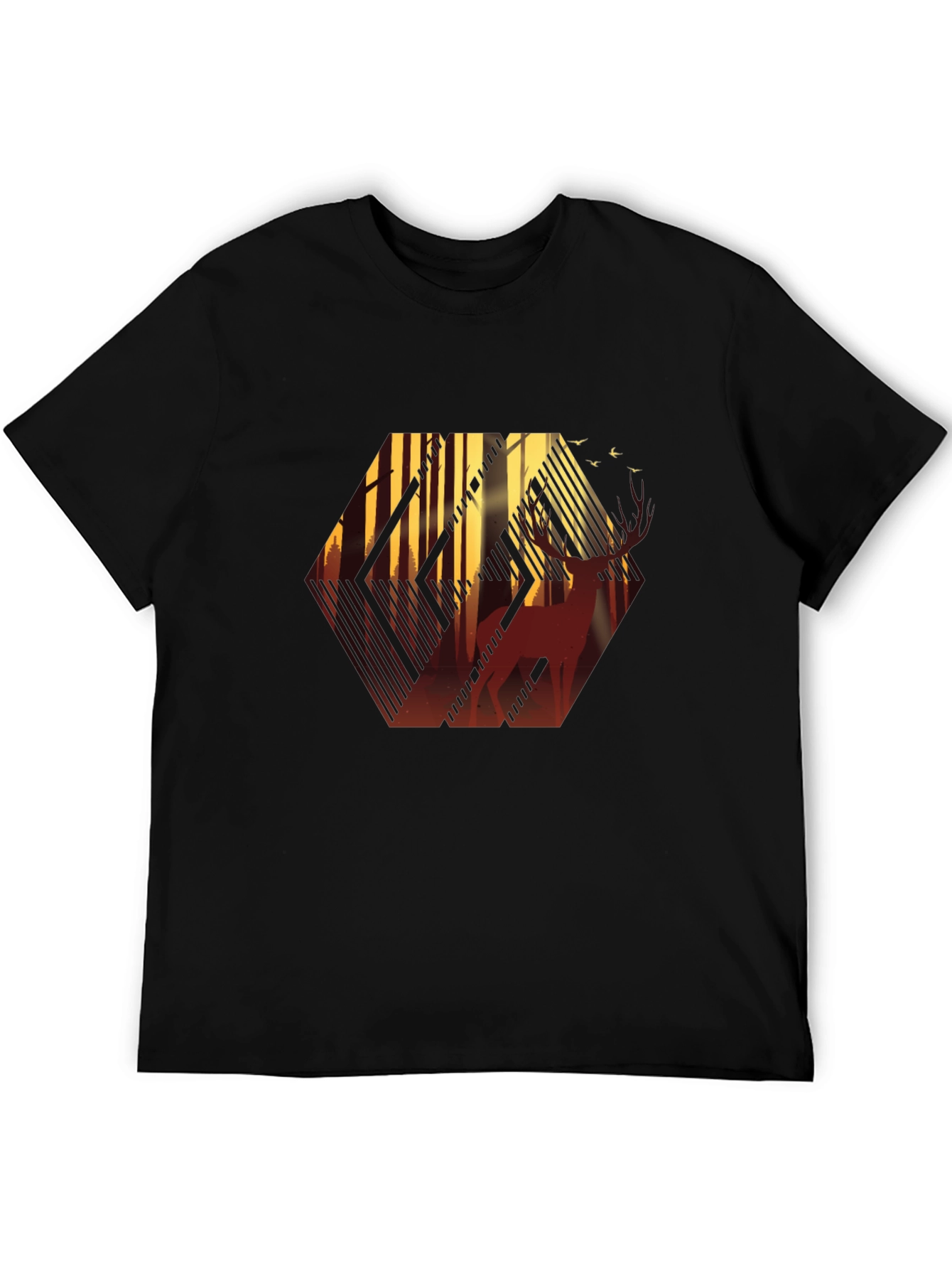 Stylish Mens Black T-Shirt with Deer Forest Graphic