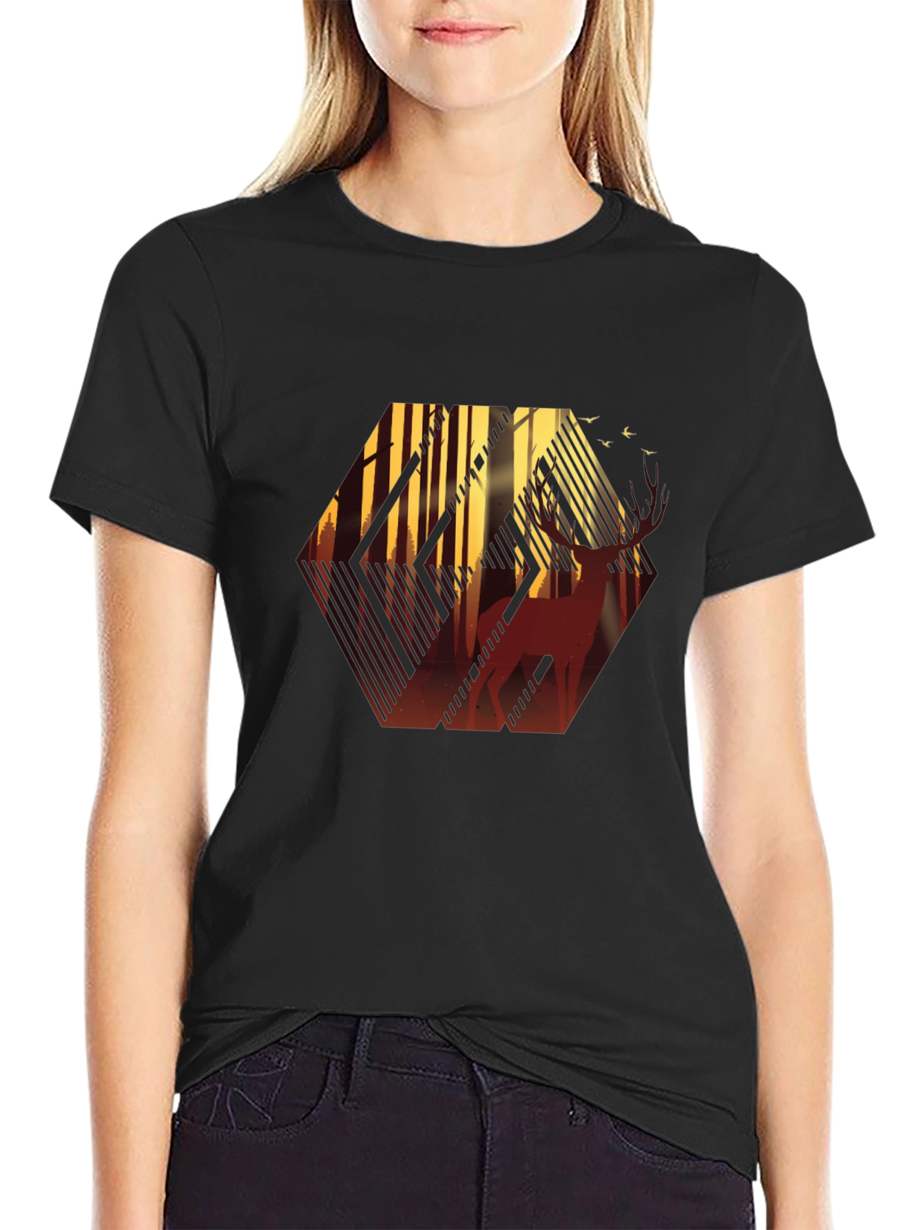 Stylish Mens Black T-Shirt with Deer Forest Graphic