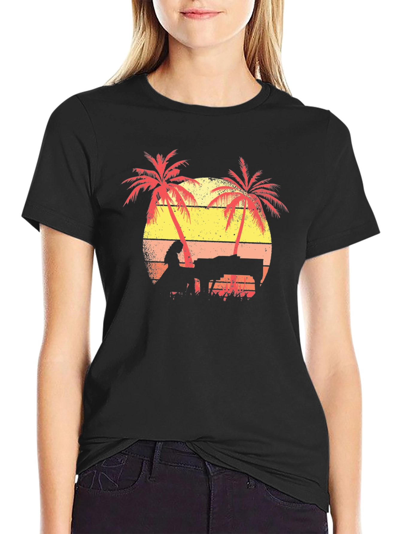 Sunset Piano T-Shirt - Tropical Beach Scene