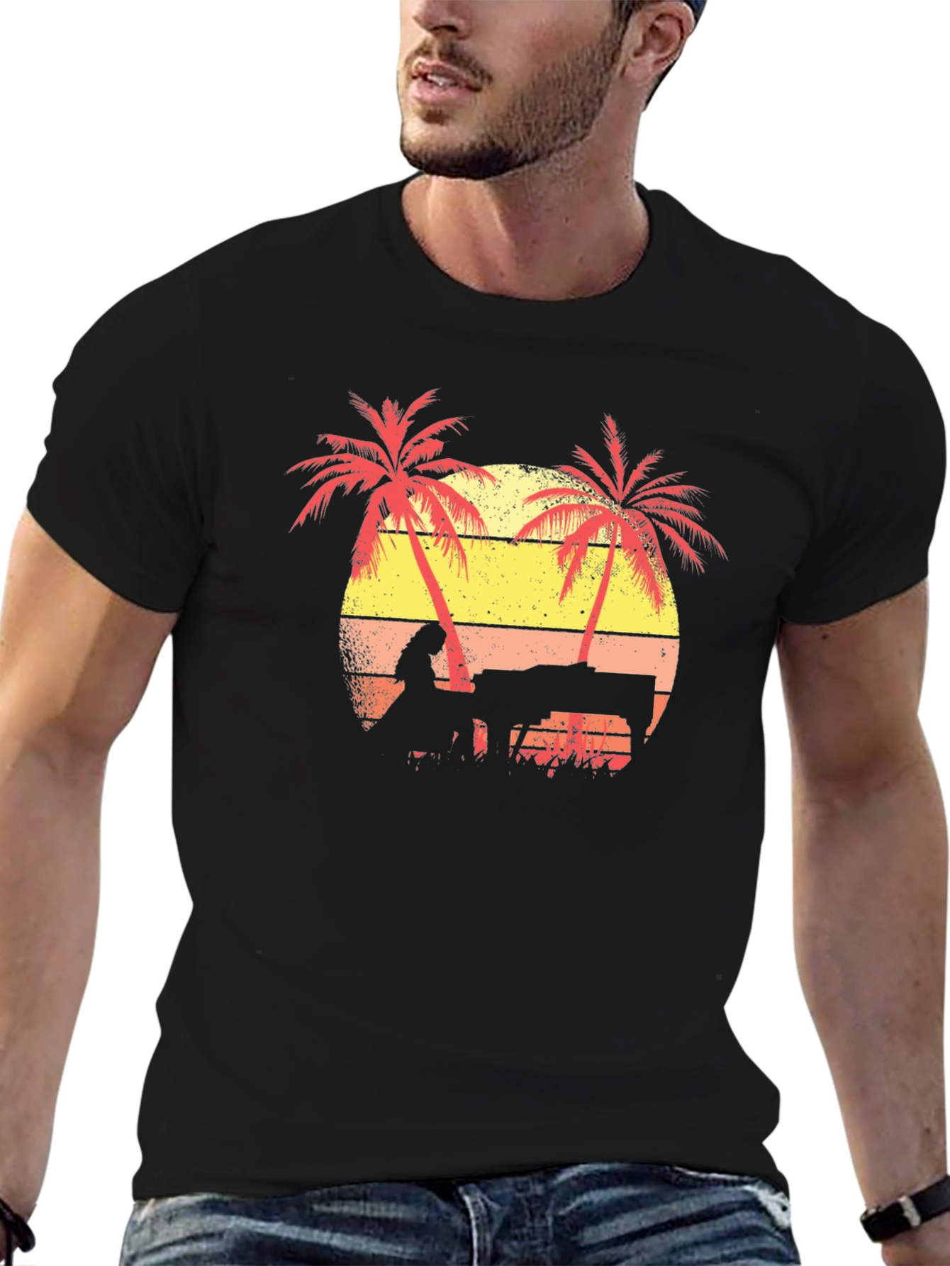 Sunset Piano T-Shirt - Tropical Beach Scene