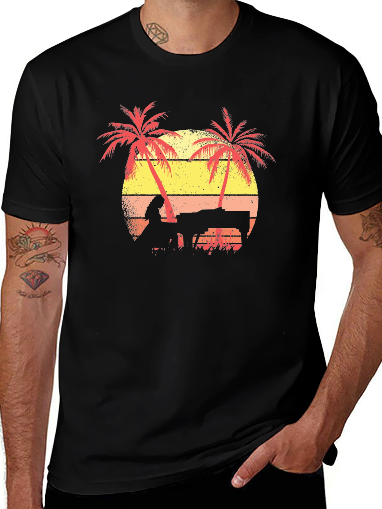 Sunset Piano T-Shirt - Tropical Beach Scene