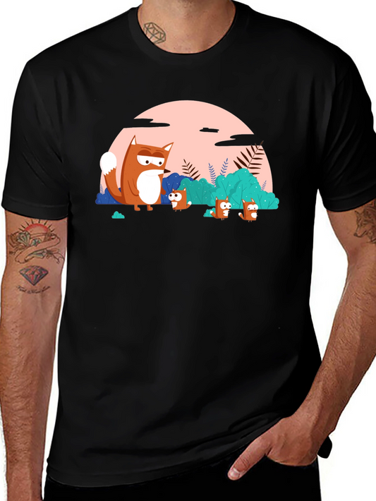 Cartoon Fox Family Black T-Shirt